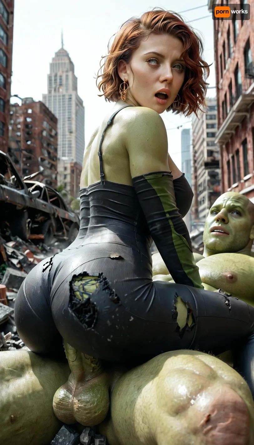 Fantastic detail, masterpiece, 4k image, detailed backgroumd, Downtown new york, skyscrapers damaged, chunks of concrete, concrete encrusted rebar, devestation, damaged infrastructure, building debris, the incredible hulk, 1 male with monster hulk face, (bulky muscular green hulk), lying underneath fucking vaginal 1 female Scarlett Johansson whom is thigh sitting, (wide his:1.4), (black full spandex knight bodysuit), green testicles against her face, huge green testicles, huge green penis, dark green veiny penis, perfectly round ass, scared, fearful, worried, seductive, Milly1Alcock101, <lora:sc_joha_v2:1.8>, <lora:add-detail-xl:1.7>, <lora:Freestyle_Styleme-000009:.9>, <lora:1514868_training_data:.5>