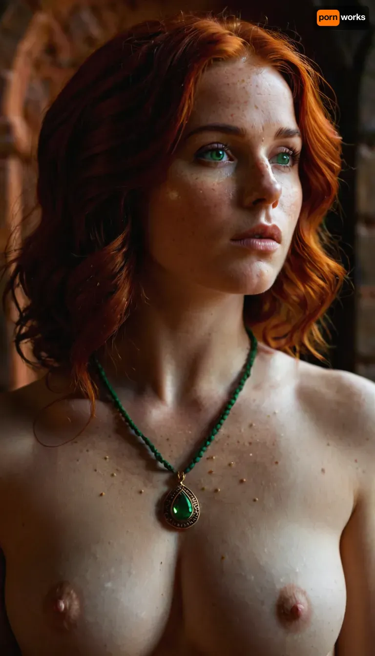 Triss, an amazing, well build gymnastic body, very much want have sex, (intricate details, hyperdetailed:1.15), looking at viewer, WTriss, trissW3_soul3142, 1girl, solo, red, hair, green, eyes, closed, mouth, necklace, mole, under, freckles, orange, nude, naked, lewd, <lora:Triss-v1:.7>, <lora:WTriss:.5>, <lora:triss:.5>