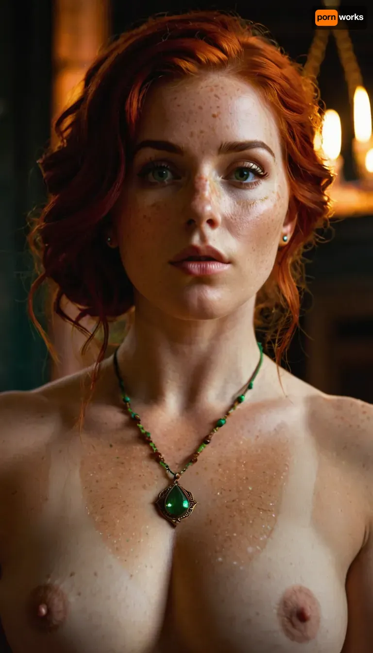 Triss, an amazing, well build gymnastic body, very much want have sex, (intricate details, hyperdetailed:1.15), looking at viewer, WTriss, trissW3_soul3142, 1girl, solo, red, hair, green, eyes, closed, mouth, necklace, mole, under, freckles, orange, nude, naked, lewd, <lora:Triss-v1:.7>, <lora:WTriss:.5>, <lora:triss:.5>