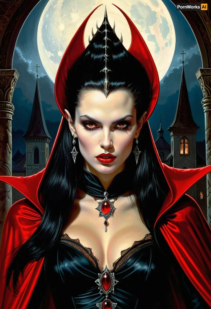 a woman Looks like a vampire queen, (((Dracula's daughter, two long sharp fangs))), an airbrush painting, by Luis Royo, michael whelan and karol bak, (((vampire queen with red eyes))), symmetrical epic fantasy art, art style hr giger and beksinski, fantasy skull, boris vallejo and tom bagshaw, cute face. dark fantasy, colorful, high detail, impeccable image quality, ultrarealism, Ivan, Bilibin, Style, page, <lora:Ivan Bilibin Style:.5>