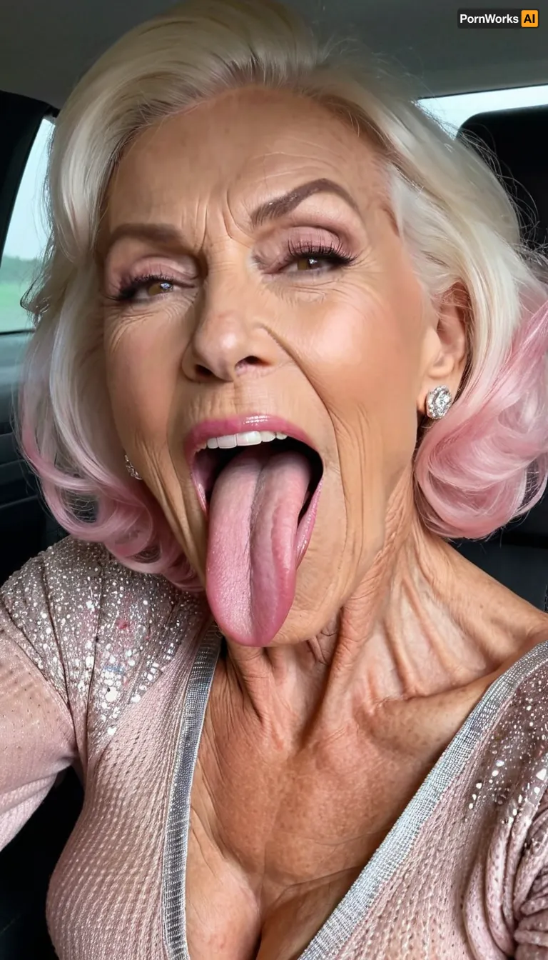smile skinny brigitte nilsen old granny, smile gilf streches out her extreme long tongue, usa pervert old bodybuilding muscle woman gilf with long tongue, silikon fake boobs, open her mouth big, waiting for cumshot, in bed, smokey, lipstick, ginger short pixie hair cut, with very massive tits hugh boobs, sticks her extreme long tongue out of her mouth, big open mouth, in a car, wearing a silver pink rose transparent diamant silver tight sweater with tits free hole, hairstyle after sex, make up running down, kinky crazy granny