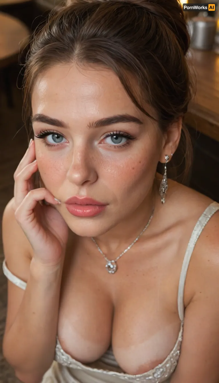 ziprealism, (score_9, score_8_up, 1girl), closeup shot, sharp focus, high saturation, high contrast, high angle, focus on eyes, perfect eyes, perfect hands, smokey makeup, long eyelashes, full lips, (elegant facial features, MILF, naughty stepmom:1.2), (natural breasts, pale breasts, cleavage, deep neckline dress, tan lines, nipple slip, romantic esthetic, romantic lakefront diner, romantic lighting, intimate moment:1.2), (hungry expression, lips parted, seductive pose, hand up, hand touching lips:1.5), (freckles, blushing, flushed face), (vibrant auburn hair, long updo hairstyle), igbaddie, <lora:igbaddie-XL:.4>, <lora:add-detail-xl:1.2>