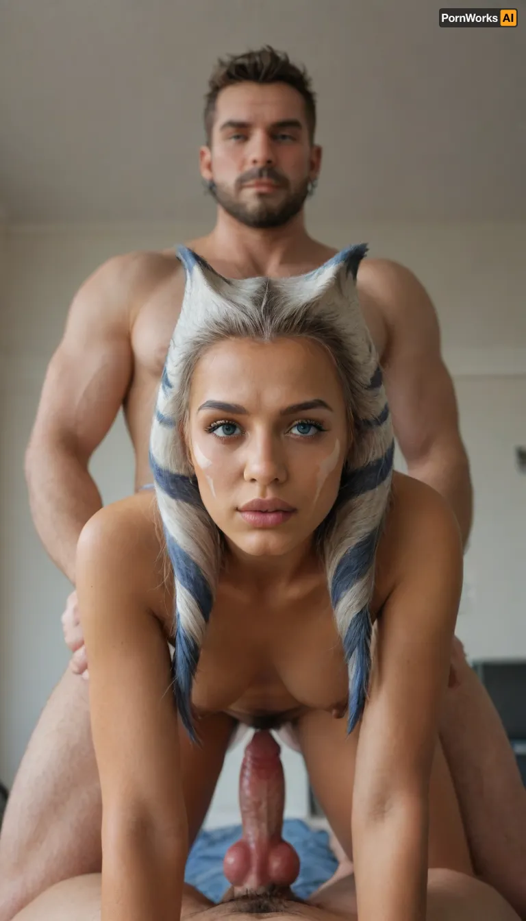 Ahsoka Tano, space station, standing, naked, pubic hair, looking at viewer, fucked by a Worgen, large canine penis, knot, cum inside, creampie, doggystyle, on all fours