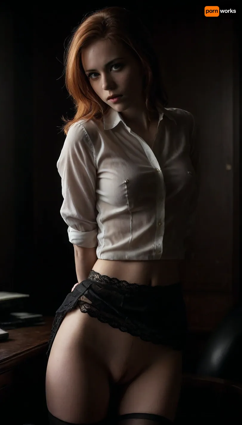 In loft, professional photography, high quality, artistic, soft, chiaroscuro, ((very contrasting light)), romantic atmosphere, in street, beautiful thin ginger hair woman secretary 20 year old, unbuttoned white shirt, show nipples, show pussy, upskirt, black lace bra, lace black skirt, no panties, stockings, back view, unwearing her, caressing tits, caressing pussy, sitting upon computer, porn on screen, fingering, hand in panties, (((windyskirtlift))), (((wind, lift, tug))), ((windyupskirt)), hairy pussy, skirtlift, great, lighting, undressing, <lora:skirtlift_xl:.5>, <lora:add-detail-xl:2>, <lora:great_lighting:2>, <lora:dark:.8>, <lora:undressing_XL_v1:2>