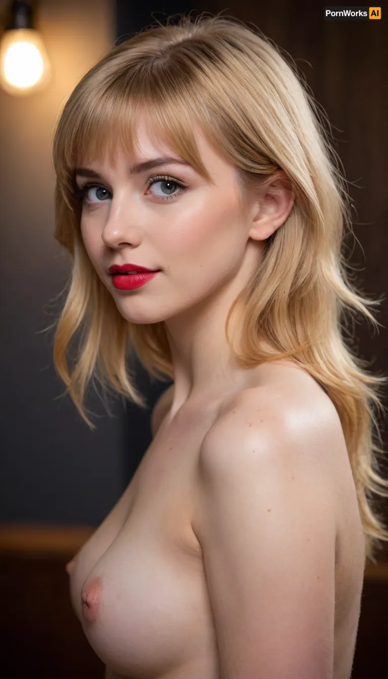 ziprealism, (nude study of a stunning young woman, perfect eyes:1.3), (feminine beauty in profile, medium full shot, cowboy shot:1.2), (adorable girlfriend, sense of vulnerability, intimate esthetic, soft shy smile, bashful pose, relaxed posture:1.5), (flawless skin, pale alabaster skin, bright red lipstick, pale nipples), (strawberry-blonde hair, thick hair, bangs haircut:1.4), minimalist composition, sharp focus on eyes, subtle makeup details, textured dark charcoal grey studio background, subtle vignette, (dramatic cinematic lighting:1.2), strong key light illuminating the face, soft rim light creating separation, deep contrasting shadows, shot on Sony A7R IV with 85mm f/1.4 lens, shallow depth of field, bokeh background, professional color grading, RAW photo quality, striking visual contrast