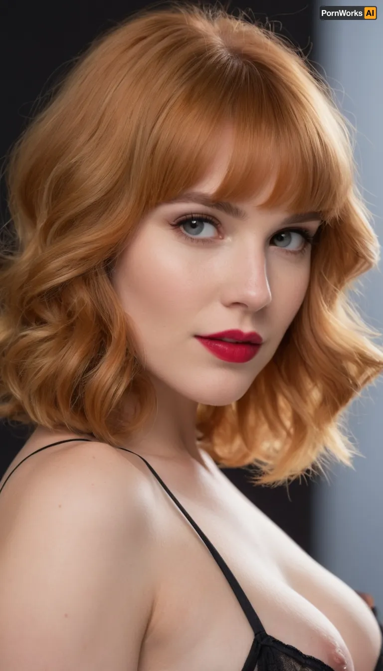 ziprealism, (avant-garde fashion esthetic, lingerie model, elegant bra, stunning sensuality, perfect eyes:1.2), (shot in profile, low angle), (sense of vulnerability, intimate esthetic, soft shy smile, bashful pose:1.5), (flawless skin, pale alabaster skin, bright red lipstick), (strawberry-blonde hair, thick hair, bangs haircut, short cut hair, hair framing delicate face:1.4), minimalist composition, subtle makeup details, textured dark charcoal grey studio background, subtle vignette, (dramatic cinematic lighting), strong key light illuminating the face, shallow depth of field, bokeh background, professional color grading, RAW photo quality, striking visual contrast