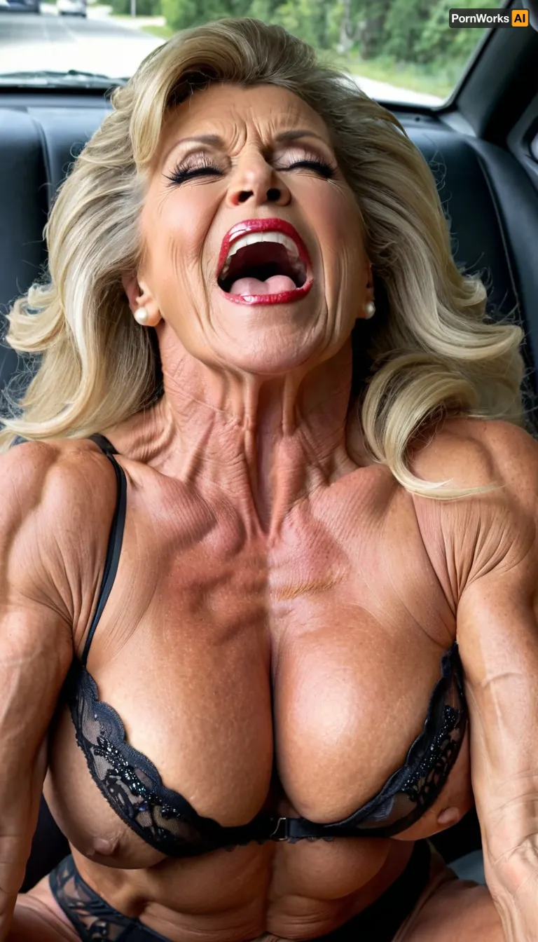 big open mouth, granny lies on her back in a car, naked, Marina Beaulieu muscular legs gilf, closing her eyes, wearing black pearl lingerie, heavy massive old milf, brunette ponytail with long hair bangs hair, vulgar and bigger silicon lips, white teeth, close up massive round boobs, lipstick, extreme make up, hard muscle stiration, close up massive hard muscle body, crying Marina Beaulieu, moans by orgasm, very big hanging round massive boobs, bodybuilding massive legs very muscle stiration, gilf wrinkle face, hardcore sex, close up feet, lies on her back, open mouth, have a extremly big orgasm, silicon lips mouth, whore kinky gilf, moans intensiv happy with far open mouth, crying, granny lies on the floor, bigger open her mouth