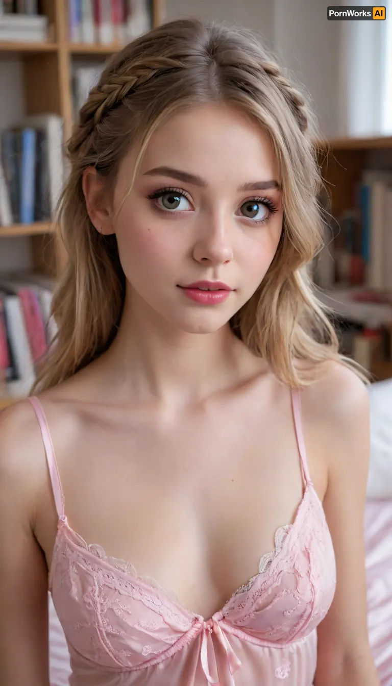 (((portrait of a girl))), ((big gaping detaled eyes)), (((very cute face))), (((Standing))), ((upper body)), (((close-up girl))), (very skinny), girl student, freshman, Norwegian girl, very cute face, (light brown hair), (intricate braided hair), petite young, (pink silk teddy style transparent lace negligee with thin spaghetti straps), college dorm room, books, pillows, <lora:289505_training_data:.8>, <lora:add-detail-xl:.8>, kawaii, makeup, <lora:KawaiiMakeupXLv2:.8>