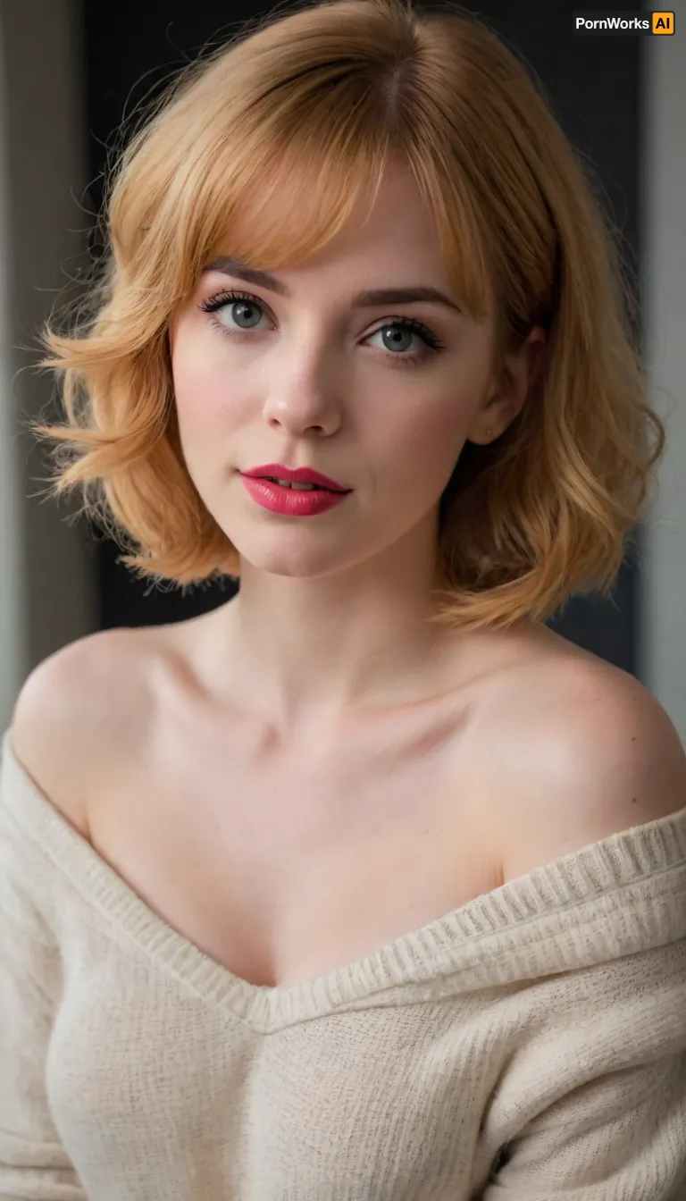 ziprealism, (romantic esthetic, bashful girlfriend, perfect eyes:1.2), (low angle, medium full shot, sharp focus, focus on chest), (comfy oversized sweater, off the shoulder, pale breasts, cleavage:1.4), (sense of vulnerability), (flawless skin, pale alabaster skin, bright red lipstick), (strawberry-blonde hair, voluminous hair, bangs haircut, short cut hair, hair framing delicate face:1.4), minimalist composition, subtle makeup details, textured dark charcoal grey studio background, subtle vignette, (dramatic cinematic lighting), strong key light illuminating the face, shallow depth of field, bokeh background, professional color grading, RAW photo quality, striking visual contrast, short focal length