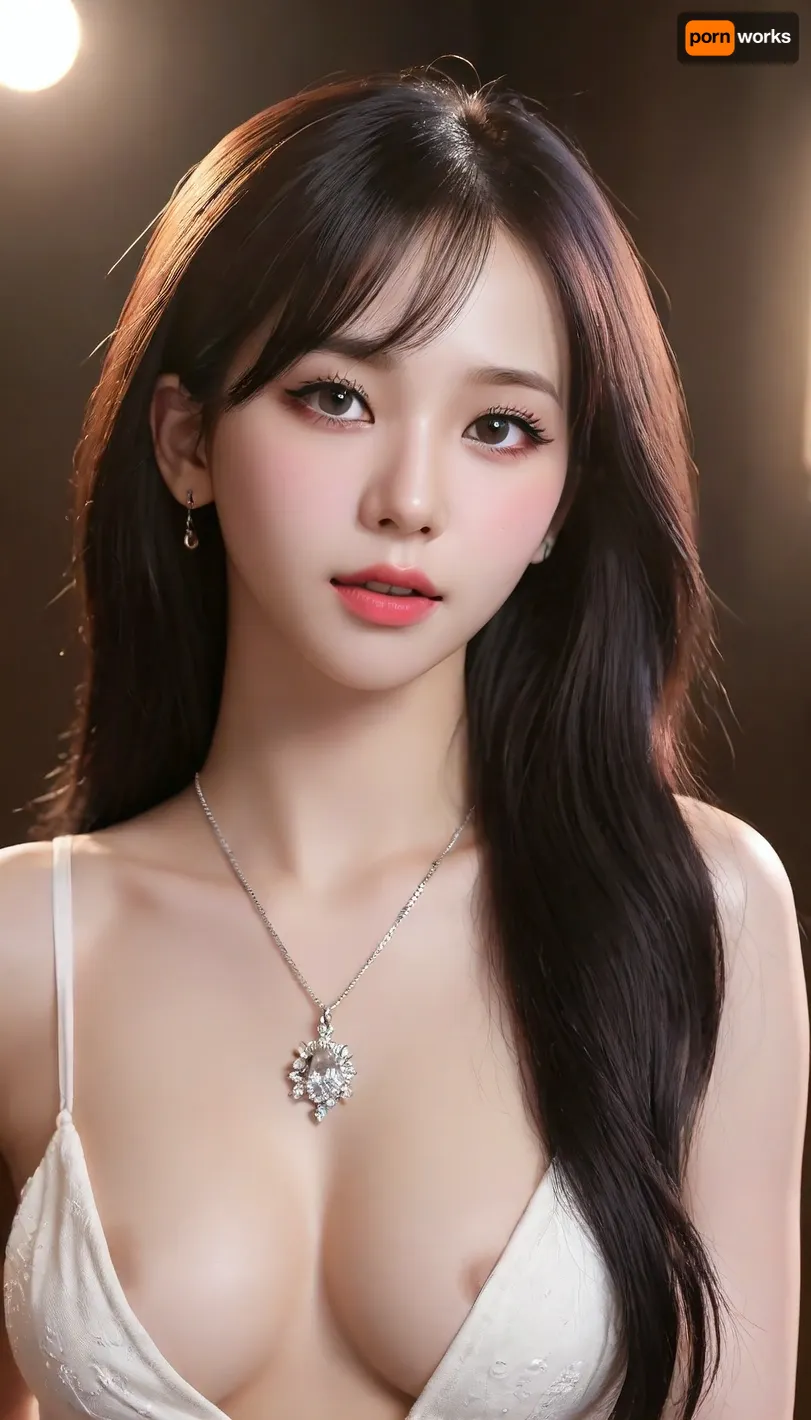 High detail RAW color photo professional, (realistic, photo realism:1.37), (highest quality), (best shadow), (best illustration), ultra high resolution, highly detailed CG unified 8K wallpapers, physics-based rendering, cinematic lighting, rather closeup, completely nude, shinning black hair, side bang, head tilt, brown contacts, natural skin, perfect nose, extremely beautiful korean face, angelic face, gorgeous, shinny skin, perfect body, sagging breasts, tiny pussy, diamond necklace with A-shaped pendant, dynamic pose, low angle, low saturation, low contrast, dark background, spotlight, yujimin, krnpp, <lora:yujimin_v10:1.2>, <lora:karina_sdxl_v10:.7>