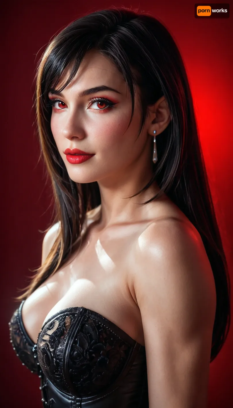 Professional lighting, (Ultra realistic), Tifa Lockhart, full body, Carl Larson, Alphonse Mucha, light/dark method, Movie Glen, reflective light, masterpiece, Attention to detail, (((simple light crimson background:1.2))), (((Studio Light:1.3))), beautiful dark makeup, sexy black corset, Face straight forward, ((((beautiful face))))