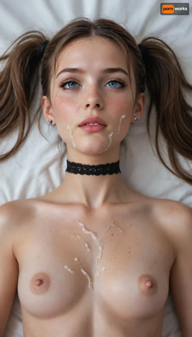 View of face, view from above and in front, long brown hair, mouth closed, cum on lips, cum in hair, cum all over her face, lots of cum, Hair in pigtails, long hair, blue eyes, naked, lying on a bed, freckles on face, beautiful face, scared, used, degraded, choker, female blushing, extra detailed, high definition, pigtails, (small breasts:1.5), (slim and skinny:1.5), hard nipples, cum on chest, excessive cum, cum on face, face splattered with lots of cum, bukkake, cum everywhere, narrow waist, ruined makeup, tears