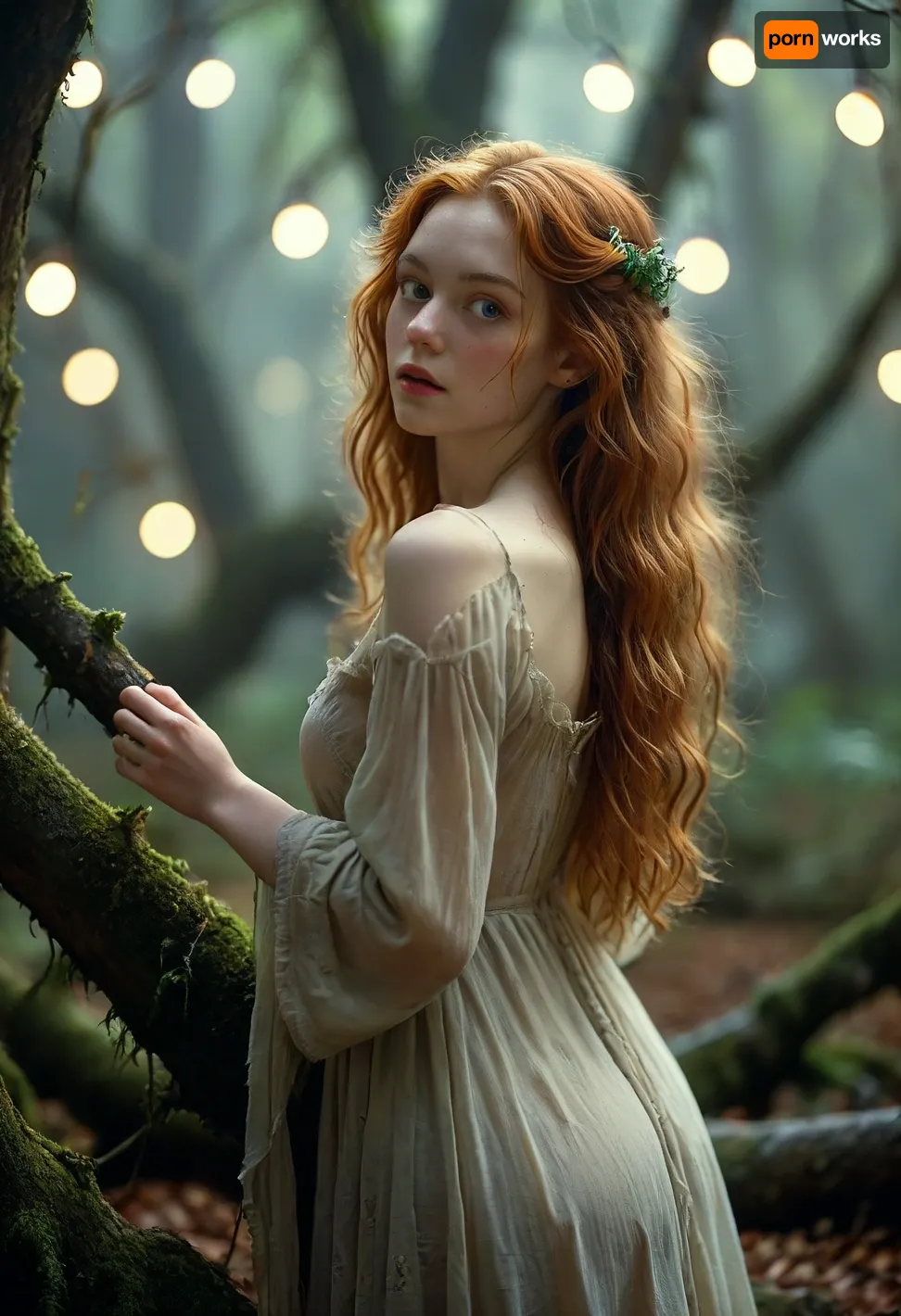 Rating_explicit, score_9, score_8_up, score_7_up, masterpiece, cinematic, best quality, ultra-detailed, beautiful young witch, long ginger flowing hair, enigmatic deep eyes, mysterious, wise, melancholi, (ripped clothing, thorn nightgown, transparent nightgown), a misty ancient forest, atmospheric lighting, soft flickering candlelight, soft moonlight filtering through canopy, gnarled ancient oak trees, moss-covered roots, ethereal glowing wisps, (bokeh), dense atmospheric mist, color palette, muted earth tones, deep greens, charcoal black, ivory, silver accents, composition reminiscent of 18th century paintings, shallow depth of field, film grain, soft focus background, sense of quiet solitude and ancient mystery, Stanley Kubrick shot, fantasy, historical atmosphere, NSFW, torn, fly, down, at, _______, <lora:MJ52:.8>, <lora:tornclothesv6-8:.8>