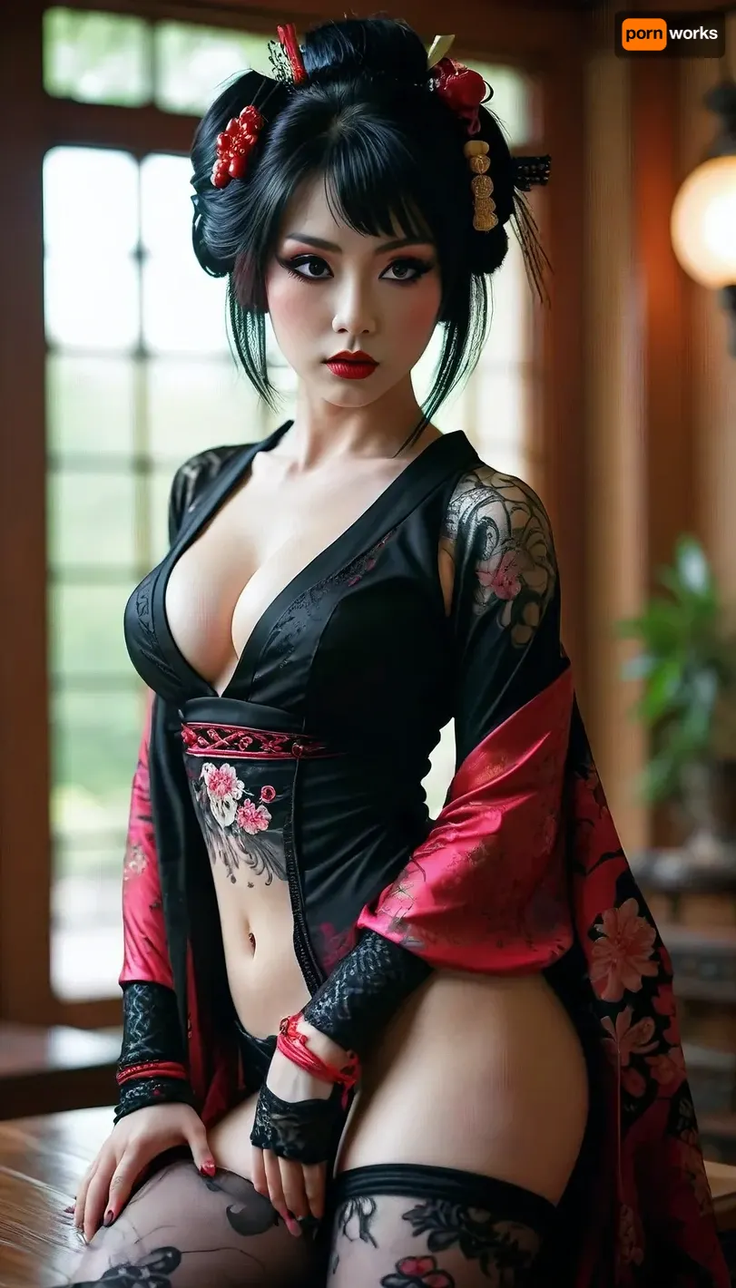 Goth emo geisha, bimbo, cleavage, sexy legs, huge breasts, uberfit, muscular, athletic, <lora:MJ52:.8>, <lora:uberfit_lora_sdxl:.4>