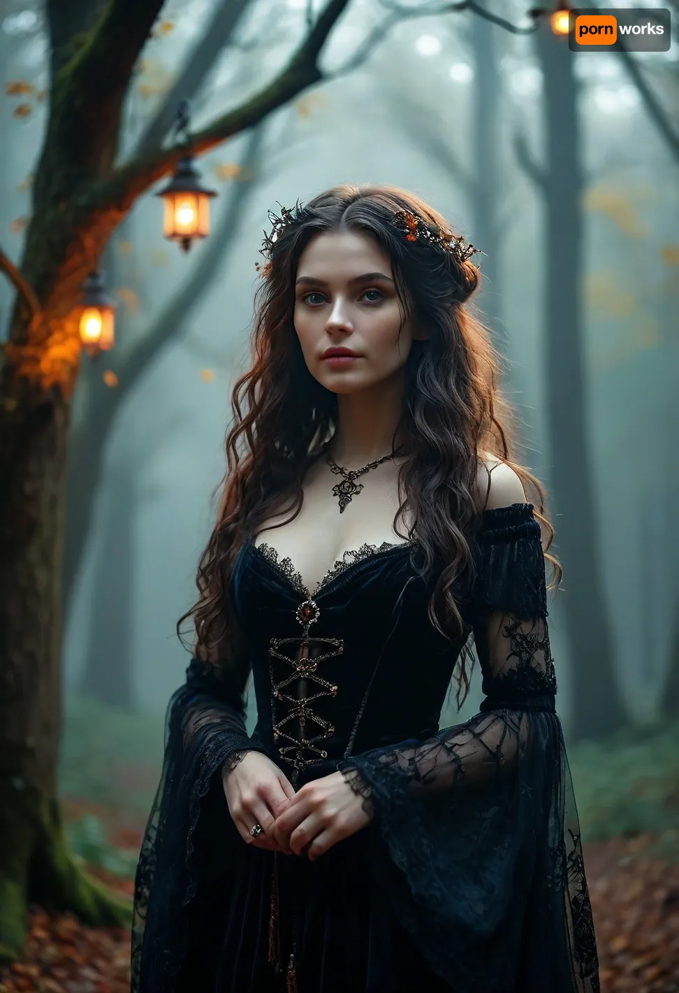 Rating_explicit, score_9, score_8_up, score_7_up, a # Weekly Event 57, "Salem witch" 🧙🏻‍♀️ 🪄 *Dive into the mysterious world of the Salem witches with our new challenge, featuring a beautiful witch girl as the main character. Imagine the atmosphere of an enchanted forest, shrouded in mist, with flickering lights and the whispers of ancient trees. Our heroine is a charming witch with long, flowing hair that shimmers in all shades of the night sky, and deep eyes filled with secrets. She is adorned in an elegant gown of dark velvet, embellished with mystical symbols. Use this inspiration to create stunning works, NSFW, <lora:MJ52:.8>