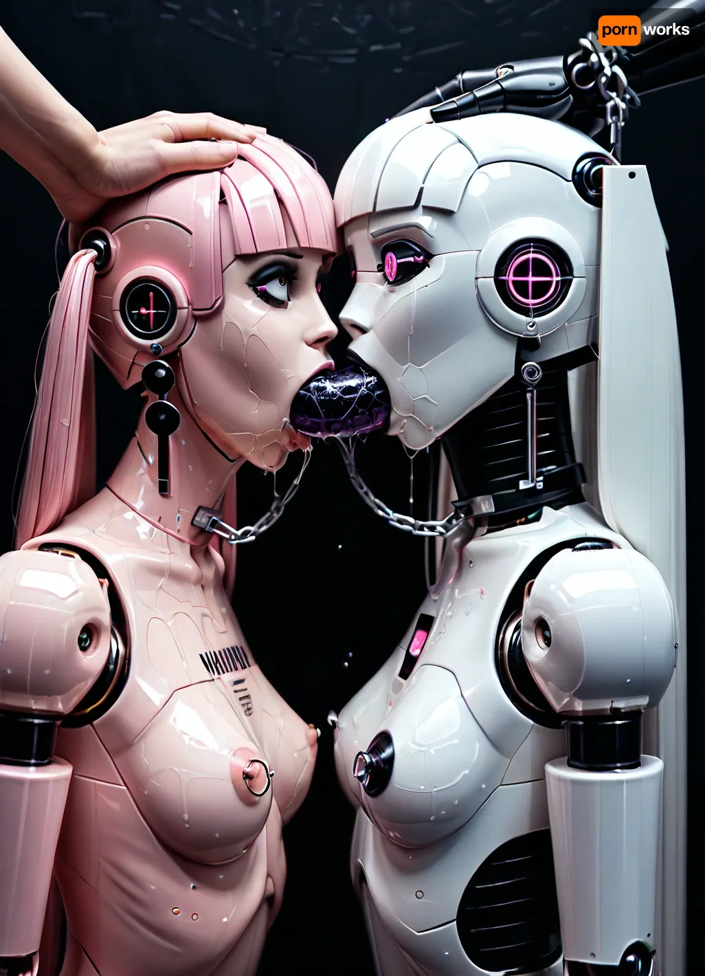 2 girl, facing each other, (skinny:1.3), nude very pale petite emo camgirl, looking into each other's eyes, horizontal giant double dildo, (detail black long double dildo, one girl on each end, they are pushing black long dildo deeply down her throat:1.1), (detail girls deepthroat each end of the same double dildo, trying to meet in the middle), wet oiled skin, platinum white bangs, long pigtails, branding on chest, nipple ring, small boobs, (nipples chained together), 1 double dildo deep throating, (detail giant robot hand pushing back of head:1.5), intense head movement, excited enthusiastic, ((detail dildo throat bulge)), (dark pastel goth bedroom), (pink and green neon lighting), high side view, <lora:xl_more_art-full_v1:1>