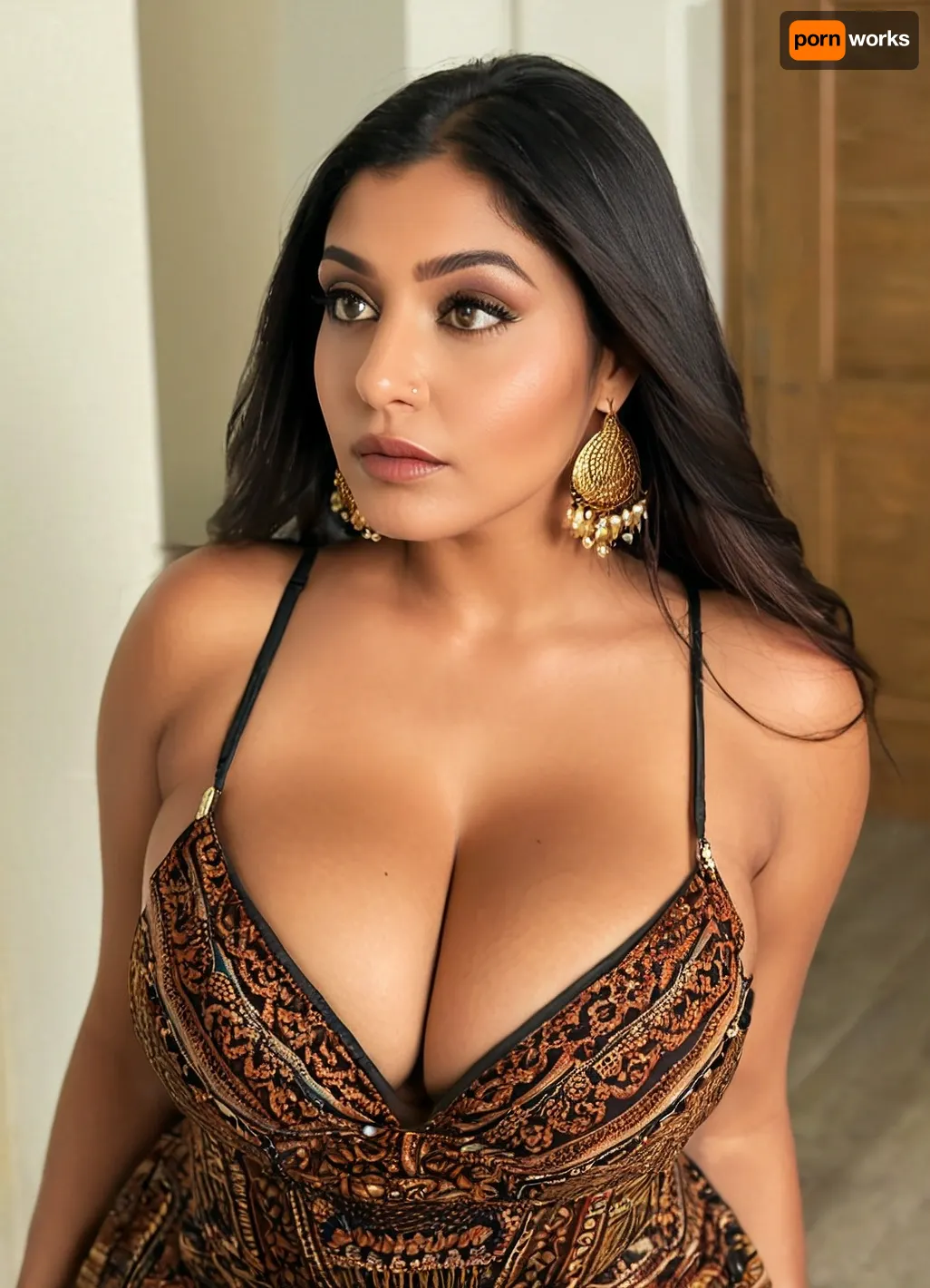 Voyuer photo In a modern minimalistic house, she’s looking away averted gaze, Bbw dusky indian, sexy sophisticated mature aunty, big hoop earings, colorful eye shadow, sexy makeup, light brown hazel eyes, (dark brown skin:1), (very big dark areolas), long black luscious hair, high detail clothes, beautiful pattern strapless boho sun dress, ((dress straps are down:1)), high angle, closeup, long lens, she’s leaning forward bending, big boobs hang down, smooshed together, (deep cleavage:1), busty round bosom, Tashruva, Mayra, <lora:milkers_v2:.8>, <lora:Tashruva-10:.8>, <lora:clothed_small:.8>, <lora:Mayra-10:.8>