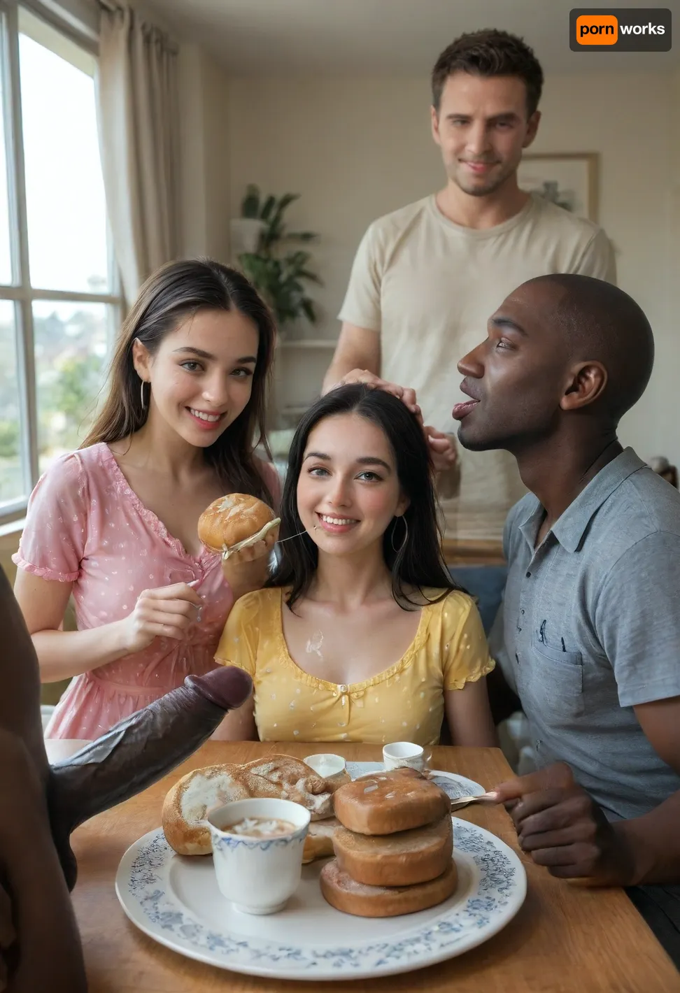(interracial cuckold:1.4), (extreme super giant large massive black penis:1), A cheerful, (Iranian husband), and, (slutwife), sitting at a cozy breakfast table at home, morning light coming through the window. Both are in sexy slutty sheer pajamas, smiling and, (feeding each other giant black penis:1.4), (There's super sticky cum on tea, super sticky cum on bread, super sticky cum on fruit:1.5), and giant black penis on the table. The scene feels fresh, intimate, and warm — a loving couple starting their day with big black penis., diaphanous, dress, detailed, eyes, perfect, freckles, skin, texture, photorealistic, <lora:add-detail-xl:.8>, <lora:xl_diaphanous_dress-1.0:.8>, <lora:Super_Eye_Detailer_By_Stable_Yogi_SDPD0:.8>, <lora:cfg_scale_boost:.8>