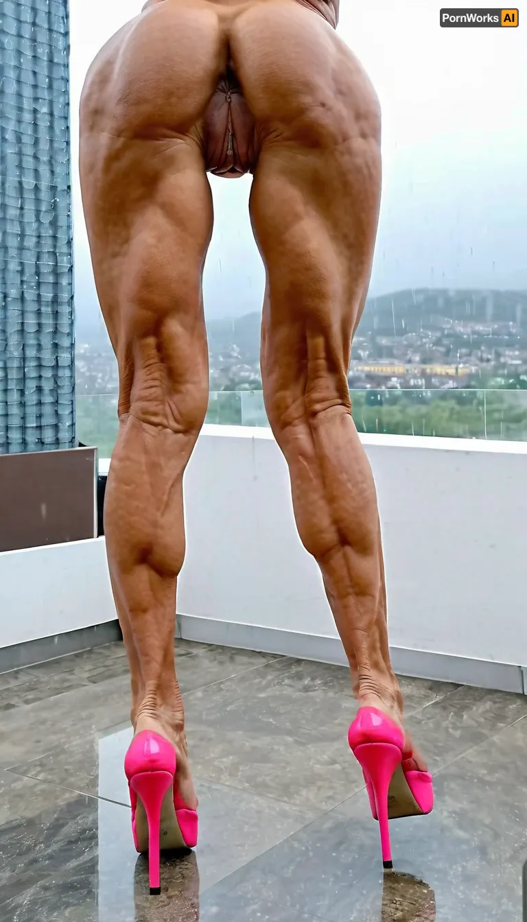 just close up legs, gilf woman, very old bodybuildingskinny body, big pussy labia, muscular legs in neon color platform mules high heels, from back view, muscles stiration, naked pussy, net stockings, stand broad, strong calves, in penthouse, close up feets, platform mules, mules, in the rain, do, you, like, my, bum, <lora:doyoulikemybum:.8>