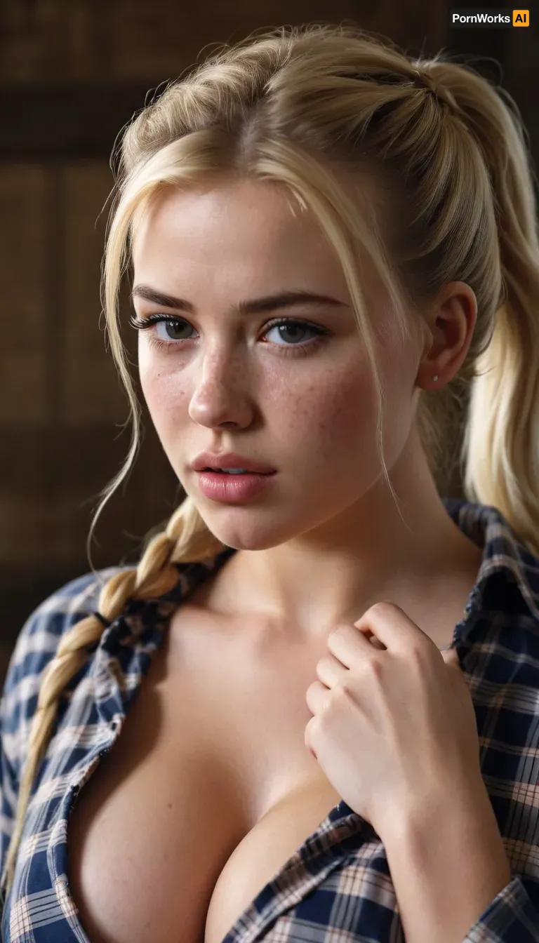 beautiful blonde 18 years old with ponytails woman, lewddungeon, background walls, open plaid shirt, Deep cleavage, realistic breasts, HD, full lips, extreme mouth detail, realistic freckles, detailed skin, realistic skin, High Res, sharp, 4k, masterpiece, Ultra realistic, natural skin tone, high definition, high quality, <lora:weight_slider-LECO-v1:-1>, <lora:age_slider-LECO-v1:-2>, <lora:217309_training_data:.5>, <lora:LowRA:.4>