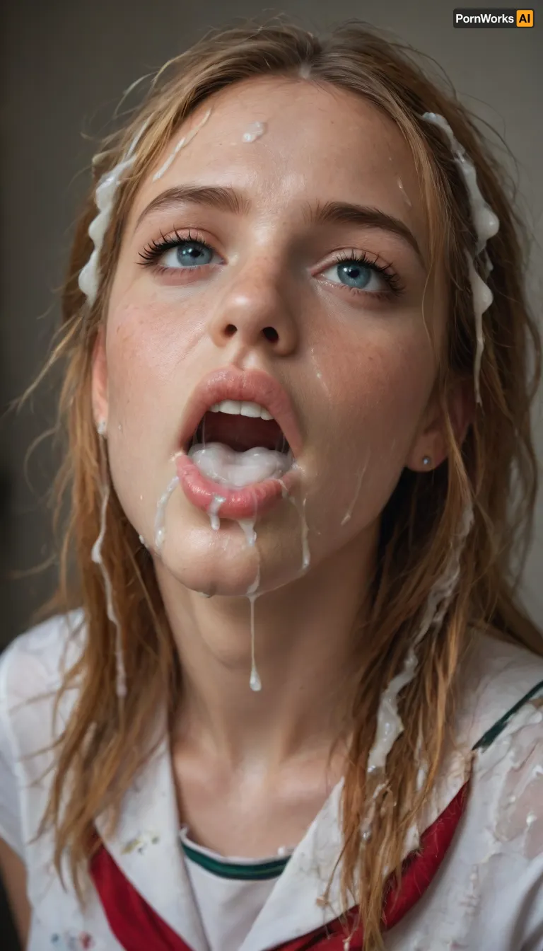 Nymphomaniac pretty ginger hair Irish girl 18 years old, slutty, ((wearing school uniform)), big detailed beautiful eyes, messy blonde hairstyle, mouth open, ((covered in cum, cum in hair, cum in mouth, cum on lips, cum on clothes)), wet hair, drenched hair, sweaty hair, sweaty skin, skin pores, detailed face, HD, full lips, extreme mouth detail, realistic freckles, detailed skin, realistic skin, High Res, 4k, masterpiece, Ultra realistic, natural skin tone, high definition, high quality, <lora:facialized:.5>