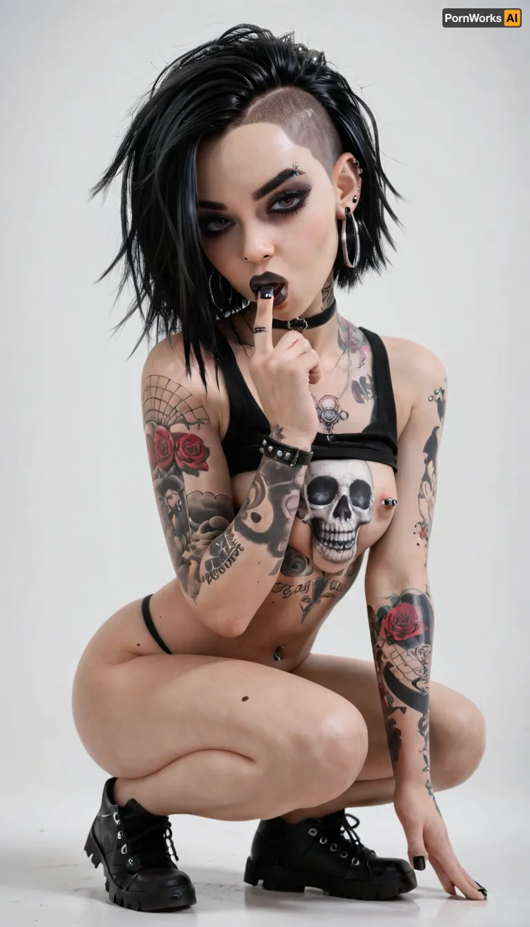 emo woman, lots of tattoos, lots of piercings, dark hair, pale skin, scene outfit, emo hair, large lips, full body view, sexy pose sucking finger, titcup, <lora:titcupv2_SDXL:.8>