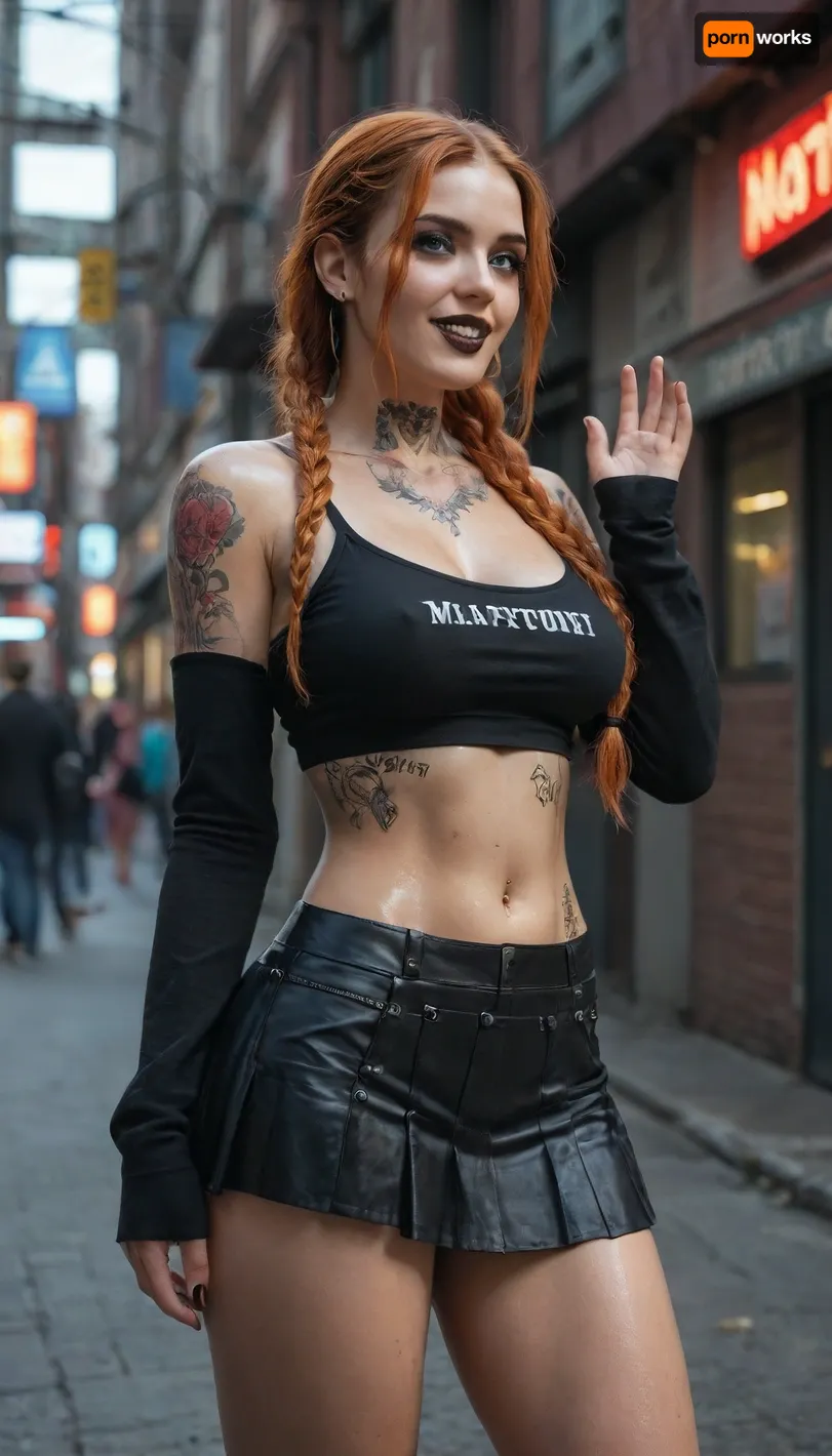 solo 1 girl, tall, (orange hair, braids hair), goth makeup, black lipstick, (blue eyes), (big round silicone breasts), skinny body, (piercings:1), (tattoo, sleeve tattoo:1.5), mini skirt, crop top, Red neon city light street, . Tags, Masterpiece, Maximum details, 4k, high res, maximum resolution, score_9, score_8_up, score_7_up, smiling, (oiled skin:1.3), (shocked:1.1)