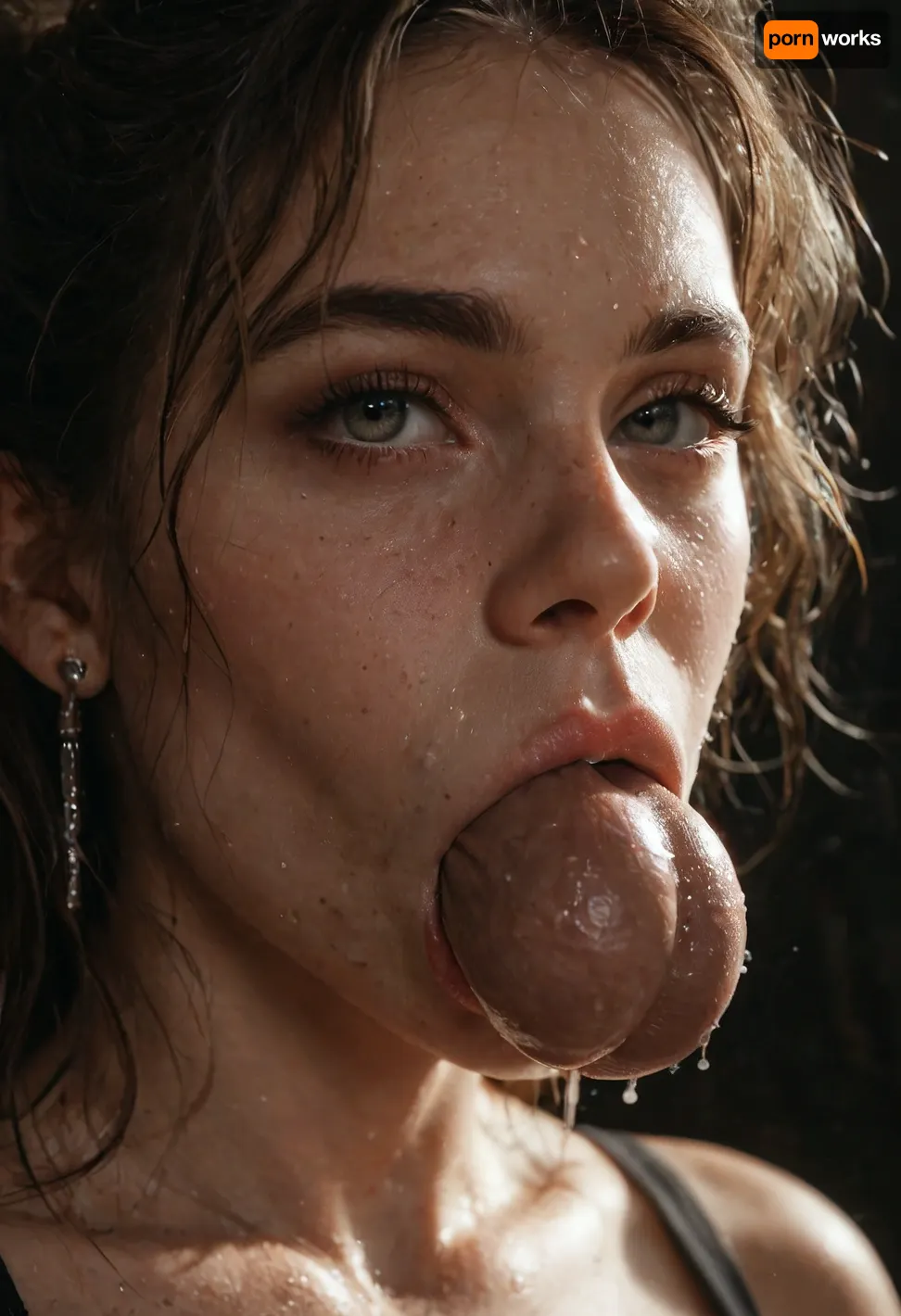 Brutal, close up, large balls in mouth, ultra realism, volumetric shading, nighttime, dramatic lighting