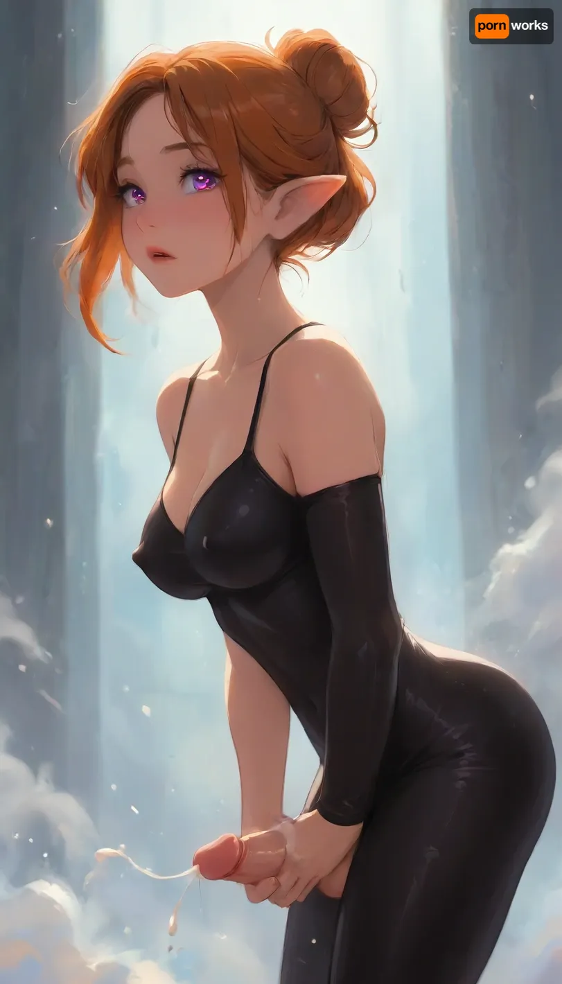 (Dark elf sorceress), glowing violet eyes, (detailed eyes), (perfect eyes), long orange hair, deep cleavage, seductive gaze, She's masturbating in the Ballet Hall, one hand masturbation, wearing a black latex suit, with her penis peeking out from under the black latex underpants, her hair in a bun, smooth black skin, big round boobs, erect nipples, shiny body, toned abs, narrow waist, curvy hips, Profile view, looking from the side, sticking his ass up, testicles hanging down, seductive pose, soft fog, erotic fantasy lighting, NSFW, masterpiece, highly detailed, futanari, futanari penis, testicles, erection, futa_overflow, cum in ballet hall, dripping cum in ballet hall, solo, bangs, eye, focus, orgasm face, sparkle, looking, at, viewer, glowing, eyelashes, <lora:J_cartoon:.3>, <lora:Animated_Concept:.3>, <lora:samdoesarts1.1-000030:.3>, <lora:209970_training_data:.8>, <lora:Jeweled eyes-NAI:.8>