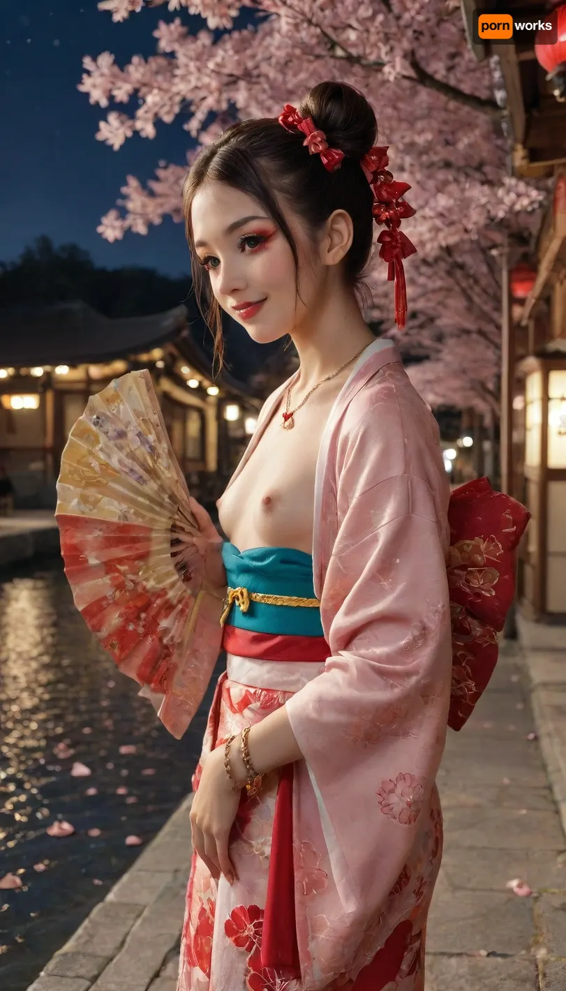 Side view, cute girl wearing a traditional japanese kimono. 18 year old girl, Random sexual pose, The girl is wearing a kimono with a floral pattern, very long hair, smiling at the camera, Cute japanese girl, nipple tease, thin body, gymnast body, small ass, slim waist, slim thighs, cute face, (petite girl:1.3), eyes charm contact, kimono and bow, (japanese traditional kimono:1.6), (japanese traditional hair style, japanese hairfan, clips bows lace ribbons buns, traditional makeup), golden bracelet necklace, outdoor setting with a building visible in the distance, red lanterns hanging, ((late evening, Golden hour)), The overall mood is cheerful and festive. flowers, cherry blossom trees, a river, eye, catching, drab, <lora:eye_catching:1.3>