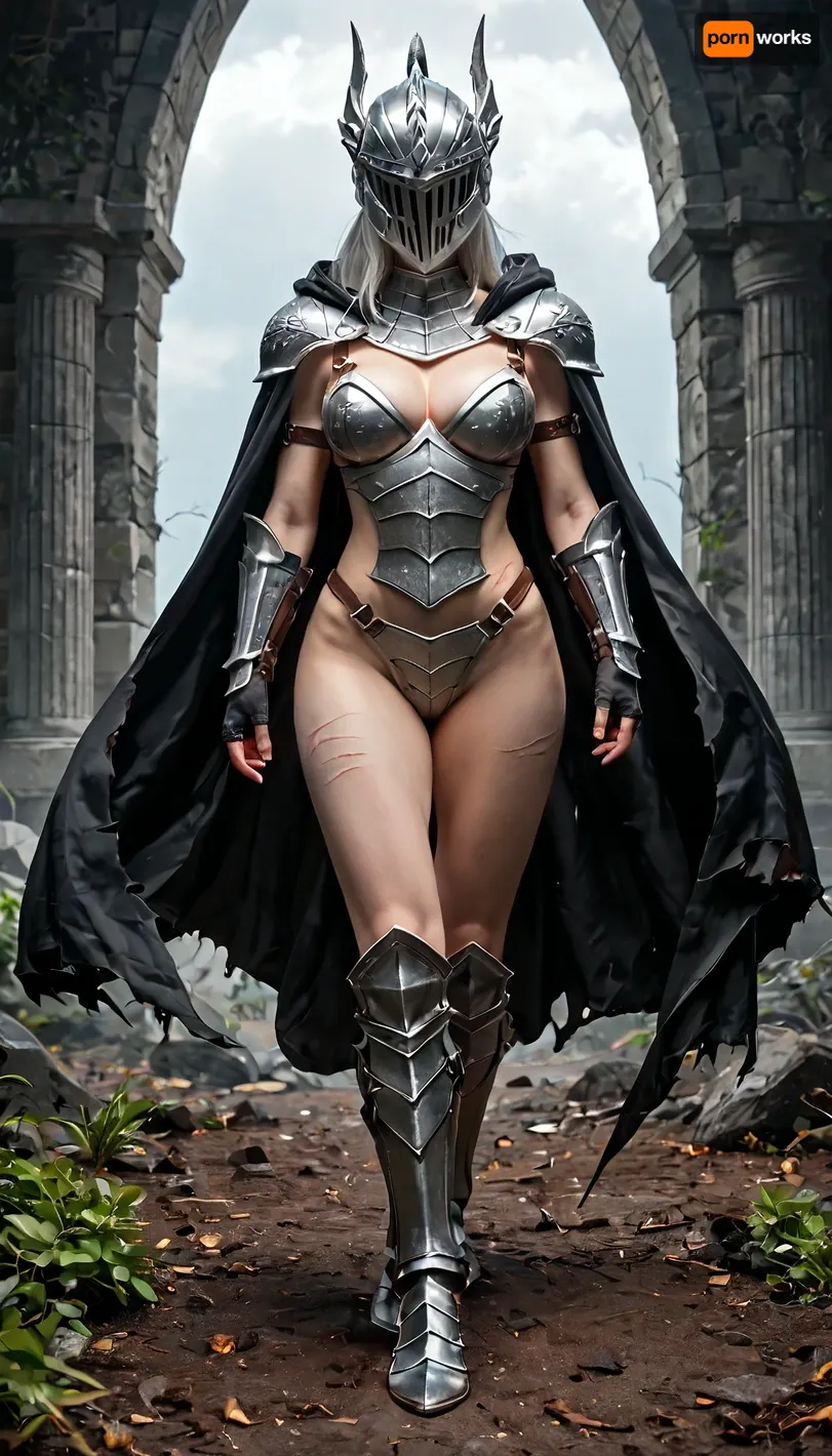 (Cinematic shot:1.2), ((realistic:1)), Female knight, (full body black armor), ((dragon scale leg armor)), dragonslayer, ripped black cape, hooded, long white hair, pale skin, Scars, (((closed helmet))), (closed iron vizor), gloves, heavy shoulder armor, dragonhead, legendary, heavy breasts, saggy, wide hips, dynamic pose, walking, battelfield, highest quality, ultra high detailed texture, masterpiece, perfect shadows, perfect lighting, darkness, black aura, black dragon, like dragon, <lora:Fantasy_world__XL:.8>, <lora:add-detail-xl:.8>