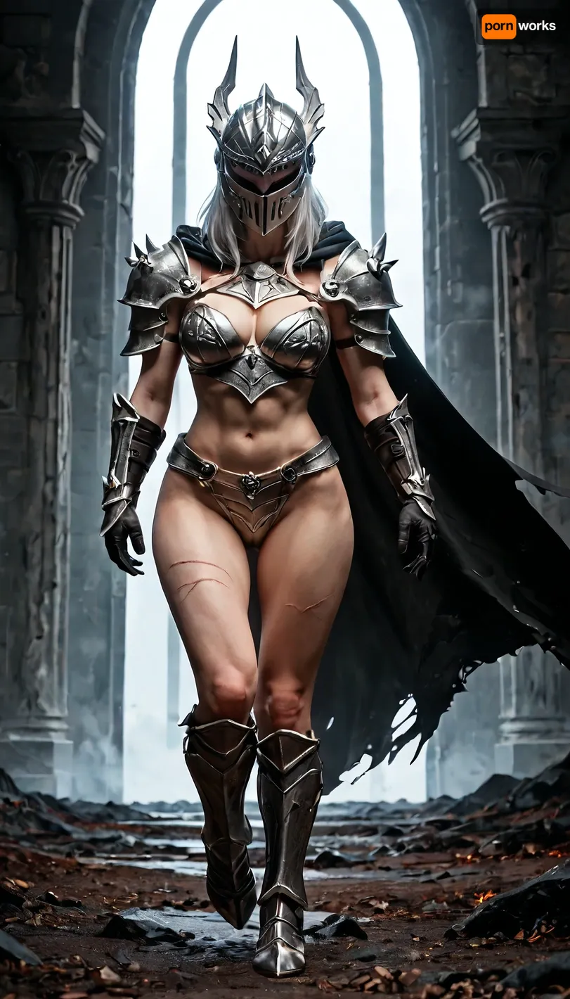 (Cinematic shot:1.2), ((realistic:1)), Female knight, (full body black armor), ((dragon scale leg armor)), dragonslayer, ripped black cape, hooded, long white hair, pale skin, Scars, (((closed helmet))), (closed iron vizor), gloves, heavy shoulder armor, dragonhead, legendary, heavy breasts, saggy, wide hips, dynamic pose, walking, battelfield, highest quality, ultra high detailed texture, masterpiece, perfect shadows, perfect lighting, darkness, black aura, black dragon, like dragon, <lora:Fantasy_world__XL:.8>, <lora:add-detail-xl:.8>