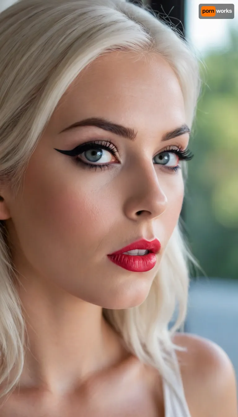 ziprealism, (smug, expressive eyes, breathtaking eyes), (silky hair, brilliant white hair, stark white hair), (vivid lipstick, heavy eyeshadow, dark eyeshadow, bold eyeliner:1.4), (cheek dimples, sharp chin, chiseled cheekbones, triangular face, full lips), (medium closeup, professional lighting, award winning portrait, tight focal length, rule of thirds framing:1.2), (sharp focus, focus on lips, perfect eyes), catchlights, detailed eyes, (subtle freckles and skin imperfections:.4), sitting in front of window, streaming sunlight, natural skin texture, soft bokeh, <lora:add-detail-xl:.8>