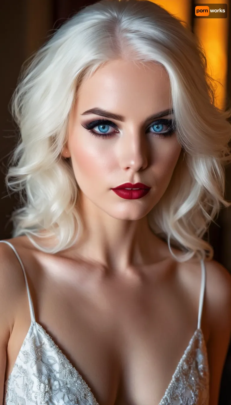 ziprealism, (smug, expressive eyes, breathtaking eyes, mesmerizing eye contact), (silky hair, brilliant white hair, stark white hair, stylish hairstyle), (vivid lipstick, heavy eyeshadow, dark eyeshadow, bold eyeliner:1.4), (sharp chin, chiseled cheekbones, triangular face, full lips), (medium closeup, professional lighting, award winning portrait, tight focal length, rule of thirds framing:1.2), (sharp focus, focus on eyes, perfect eyes), (crystal blue eyes, catchlights, detailed eyes, limbal ring), (subtle freckles and skin imperfections:.4), posing in front of sunny window, streaming sunlight, godrays, sexy red negligee, cleavage, natural skin texture, soft bokeh, <lora:add-detail-xl:.8>