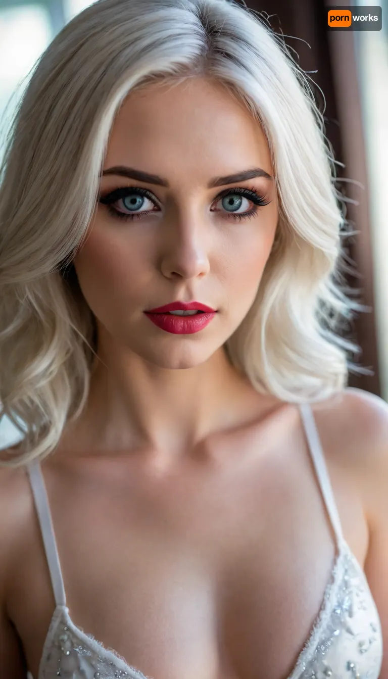 ziprealism, (smug, expressive eyes, breathtaking eyes, mesmerizing eye contact), (silky hair, brilliant white hair, stark white hair, stylish hairstyle), (vivid lipstick, heavy eyeshadow, dark eyeshadow, bold eyeliner:1.4), (sharp chin, chiseled cheekbones, triangular face, full lips), (medium closeup, professional lighting, award winning portrait, tight focal length, rule of thirds framing:1.2), (sharp focus, focus on bra, perfect eyes), (crystal blue eyes, catchlights, detailed eyes, limbal ring), (subtle freckles and skin imperfections:.4), posing in front of sunny window, streaming sunlight, godrays, sexy white bridal lingerie, cleavage, natural skin texture, soft bokeh, <lora:add-detail-xl:.8>