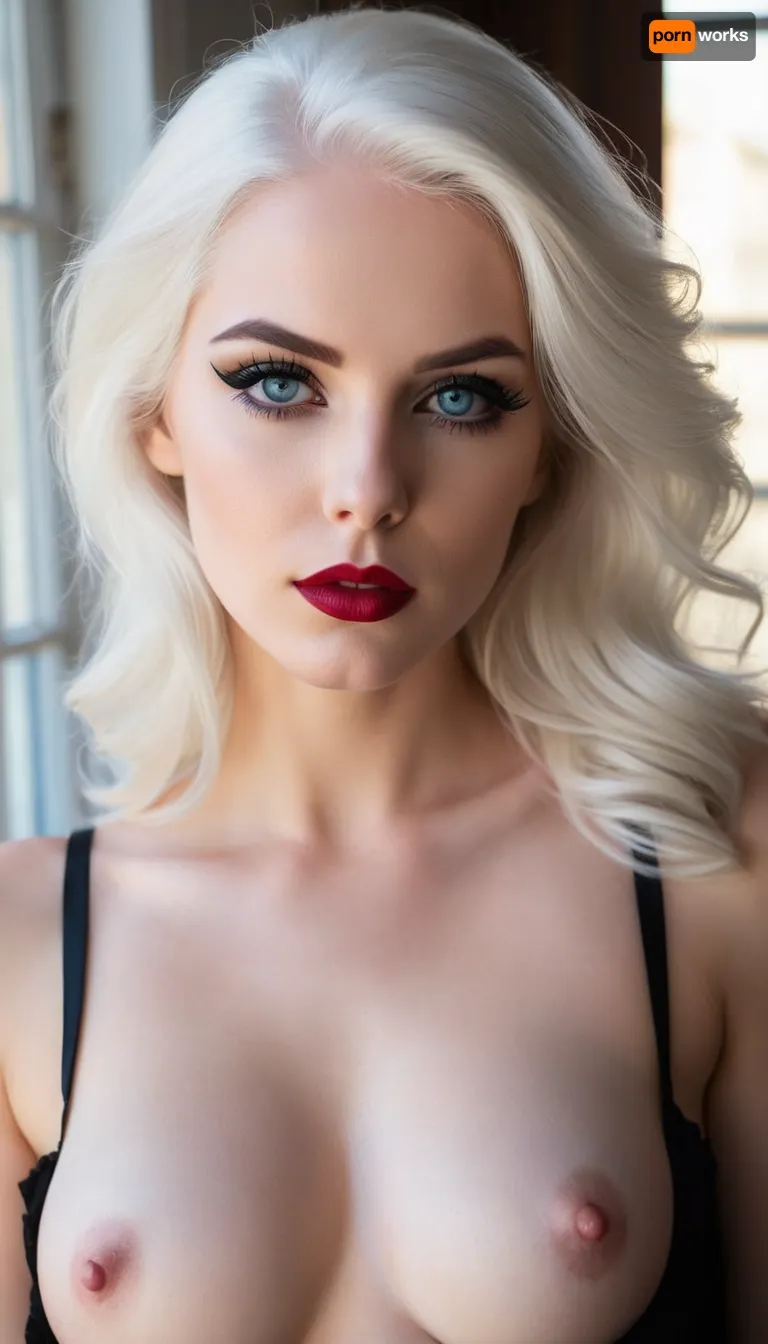 ziprealism, (smug, expressive eyes, breathtaking eyes, mesmerizing eye contact), (silky hair, brilliant white hair, stark white hair, stylish hairstyle), (vivid lipstick, heavy eyeshadow, dark eyeshadow, bold eyeliner:1.4), (sharp chin, chiseled cheekbones, triangular face, full lips), (medium full shot, professional lighting, tight focal length, rule of thirds framing:1.2), (sharp focus, focus on breaats, perfect eyes), (crystal blue eyes, catchlights, detailed eyes, limbal ring), posing in front of sunny window, streaming sunlight, godrays, (pale breasts, soft breasts, pale nipples:1.4), natural skin texture, soft bokeh, <lora:add-detail-xl:.8>