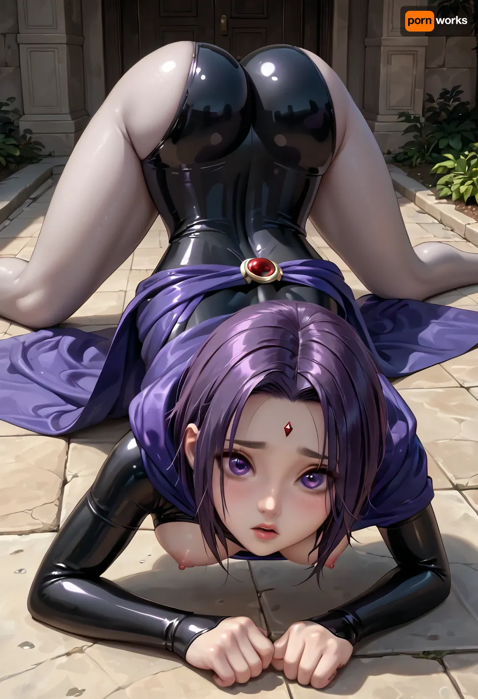 ((chest to the ground, face down, head down, facing down, butt up, hips up, extended legs, spread legs)), ((Raven, justice league, gray skin, hd purple shinny eyes and detailed iris, purple cloak, skin tight latex, breasts, big eyes, sexy body, slim waist, shy eyes)), ((medium round breast, perky nipples, puffy areolas, erect nipple)), glistening skin, (dynamic pose, breast squeeze, covered in cum, wide hips, thick thighs), UHD, extra detail, perfect lighting., 4ng3l, face, raven, <lora:SDXL_BetterFaces-LoRA_v1:.8>, <lora:Raven_XL:.8>, sfb, <lora:sfb_v3:.8>