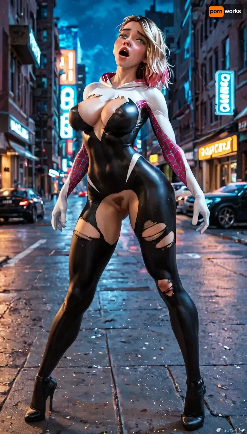 spider gwen, 18 years old, torn uniform, large breasts, getting fucked by a stranger in the streets, neon city at night, full body, pubic hair, heavy orgasm, <lora:Spider-Gwen:.8>