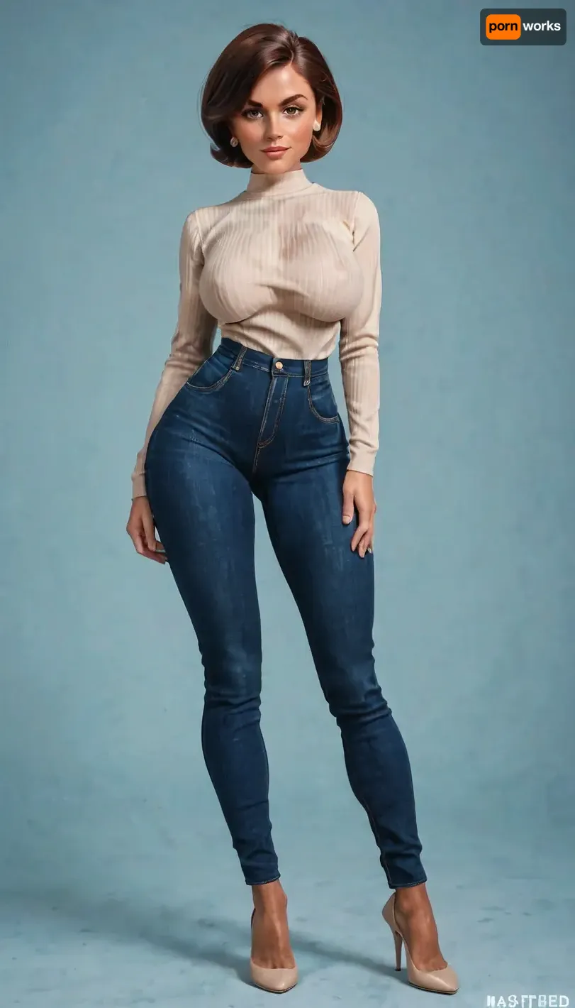helen parr, large breasts, detailed waist, beautiful face, tan skin, horny expression, jeans, tan long sleeve shirt, standing, full body