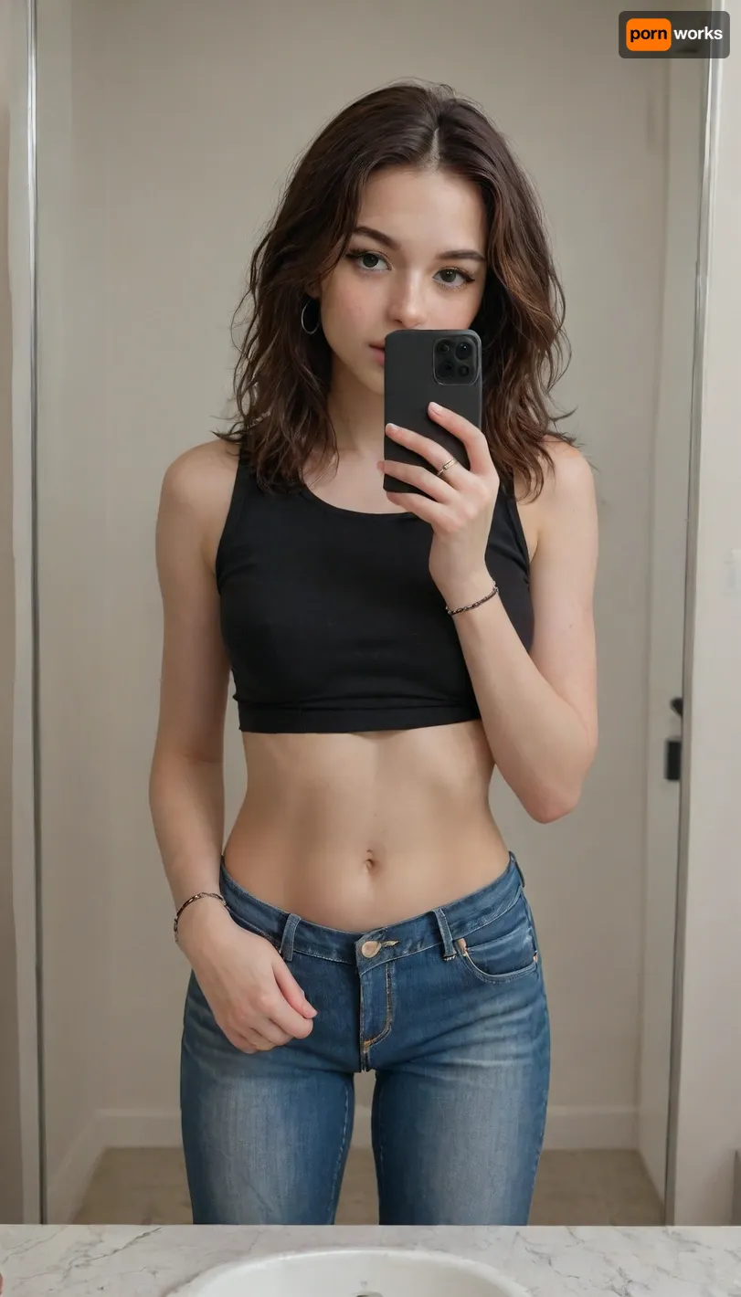 The young woman is posing in front of a mirror, taking a casual selfie with her phone. Her outfit is simple yet stylish, she wears a fitted black long-sleeve crop top with a high neckline, which accentuates her slim waist and highlights her toned midriff. The top is paired with high-waisted blue jeans that hug her figure, emphasizing her curves and creating a clean, flattering silhouette.

Her straight, shoulder-length dark hair frames her face neatly, and a pair of sunglasses is perched on top of her head, adding a relaxed, everyday touch to her look. She wears a subtle bracelet and ring, keeping accessories minimal. The overall vibe is confident, understated, and fashionable — perfect for a casual day out or a quick mirror pic., hannahowoxl, <lora:HannahXL:.8>, <lora:Thigh_gap_SDXL:.8>