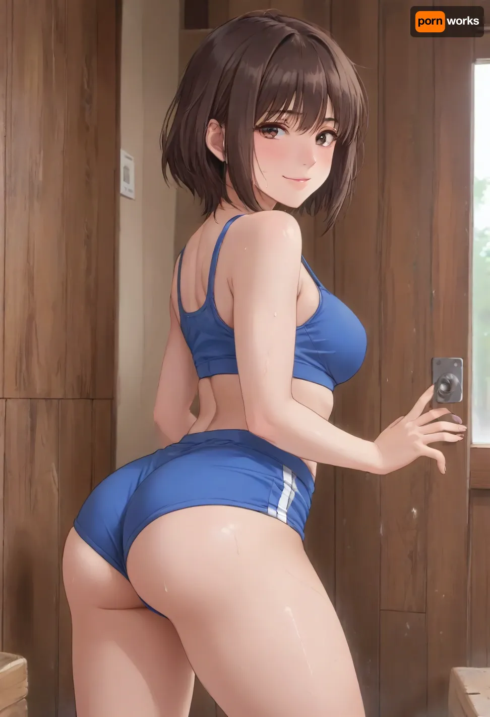 A short Japanese woman, 18 years old, with brown hair, a short haircut, dark brown eyes, wearing a blue sports short top and short blue sports tight shorts, fitted. Her breasts are average, her ass is plump and athletic, and she is leaning against a glass door in a wig, in a sauna. She is smiling playfully, and her body is covered in sweat., <lora:outline_xl_kohaku_delta_spv5x:1.3>, <lora:NEOTOKIOXL_0.2_RC:.7>, <lora:Ppolar-P3v1-NbVp10:.7>, <lora:one breast out XL:2>, <lora:cartoon_stickers_xl_v1:.5>