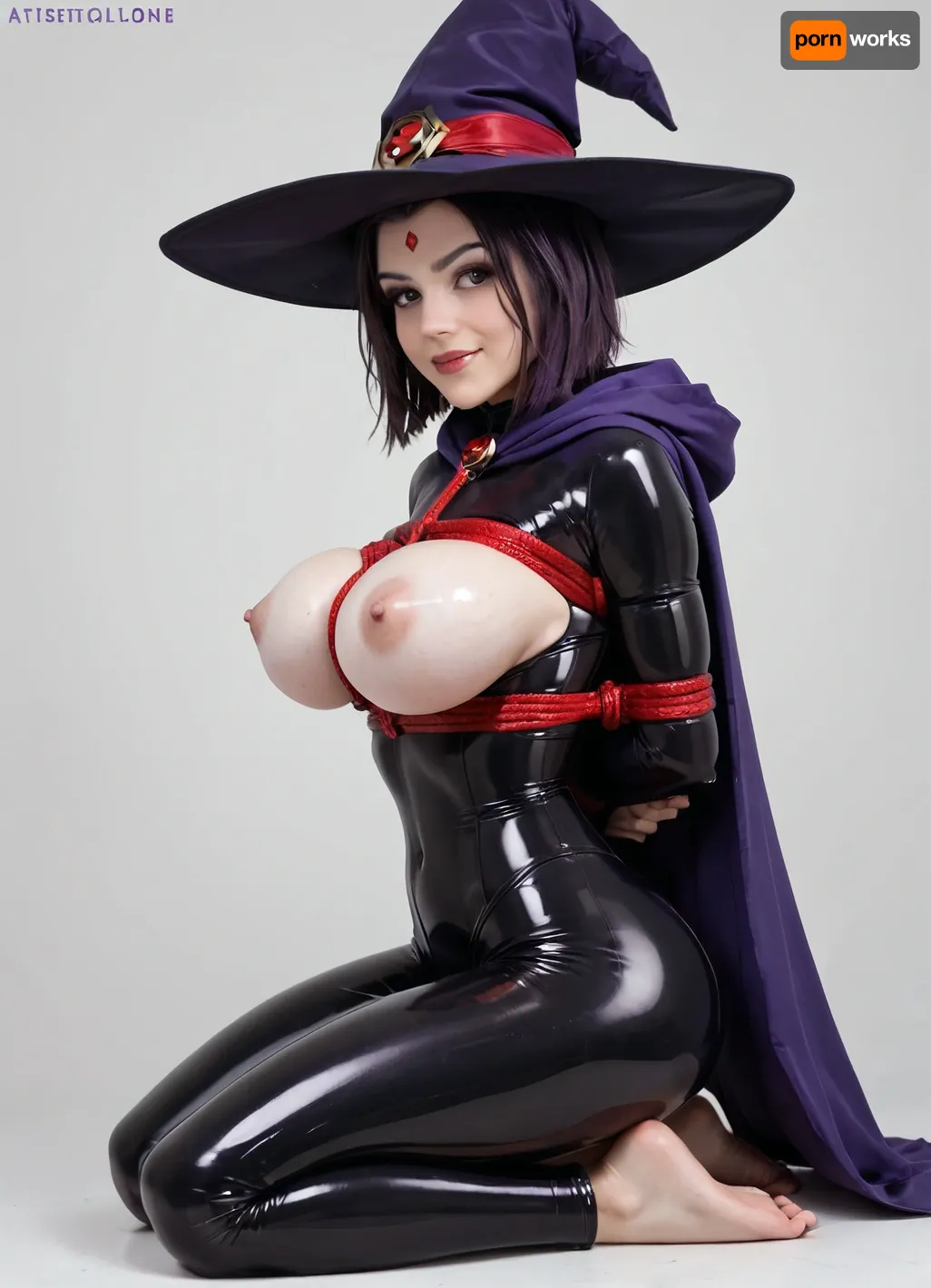 (Massive size witch hat, witch hat, Raven from justice league, Raven), totally naked, ((super tight breast bondage:1.5)), red jewel, breast cutout latex suit, embarassed smile, kneeling, side back view, big ass, (purple cape), (black liquified latex), body covered with thin layer of liquid latex, huge breasts, hourglass bodyshape, micro-waist, round ass, big tits, short black hair in braided pigtails, seductive beauty, dynamic pose, pale white skin, small chin, small nose, big eyes, beautiful eyes, faint freckles, big brown eyes, slutty, thin transparent latex swimsuit, from side, Latexstraitjacket, raven, <lora:Latexstraitjacket_XL_0_:.5>, <lora:278488_training_data:.5>, <lora:tiedbreastsblue_XL_reg0_:.5>, <lora:Raven_XL:.8>, <lora:rearpussy-xl-1.0:.8>