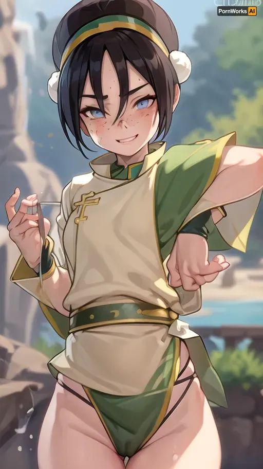 (masterpiece, best quality:1.2), lyco, (atla_tophbeifong-10:1), cowboy shot, solo, 1girl, well build gymnastic body, fitness ass, sports legs, very lots of freckles face, very lots of freckles head, very lots of freckles body, sexy, beautifull, deeply seamless tanned, thigh gaps, shaved pussy, with a perfect face, detailed face, small lips, very much blush on the checks and nose, (raised nasal tip, upturned button nose, upturned nose, delicate nose, nose), (detailed hair, light hairstyle:1.1), no makeup, horny face, very cute big smile, loving hypnotized yellow eyes, toph beifong, blind, expressionless, fighting stance, short hair, hair bun, hairband, grey eyes, (little_girl), chinese clothes, <lora:atla_tophbeifong-10:.5>, <lora:TOPH-V2:.5>