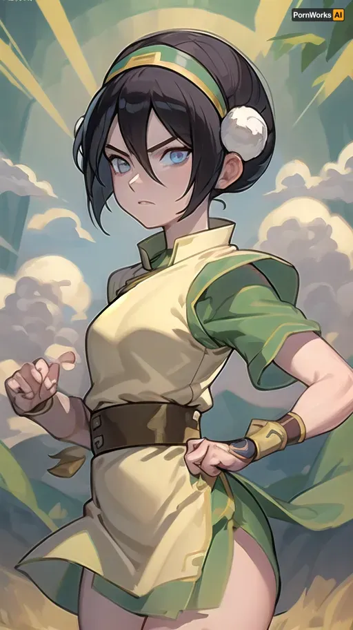 (masterpiece, best quality:1.2), lyco, (atla_tophbeifong-10:1), cowboy shot, solo, 1girl, toph beifong, blind, expressionless, fighting stance, short hair, hair bun, hairband, grey eyes, chinese clothes, <lora:atla_tophbeifong-10:.5>, <lora:TOPH-V2:.5>