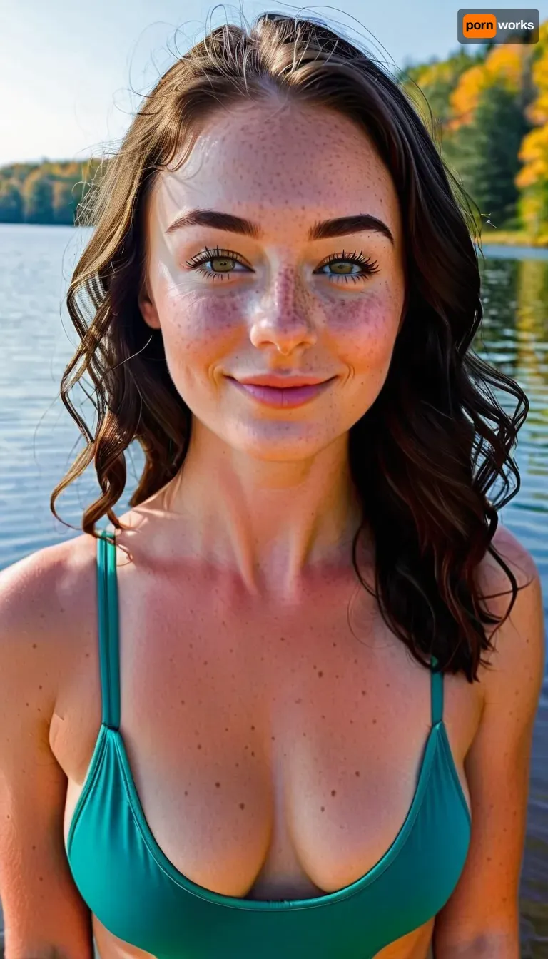 Before and after, (slender petite pale short Midwestern American woman), (24 years old), well build gymnastic body, fitness ass, sports legs, very lots of freckles face, very lots of freckles head, very lots of freckles body, sexy, beautifull, deeply seamless tanned, thigh gaps, shaved pussy, with a perfect face, detailed face, small lips, very much blush on the checks and nose, (raised nasal tip, upturned button nose, upturned nose, delicate nose, nose), (detailed hair, light hairstyle:1.1), no makeup, horny face, very cute big smile, loving hypnotized yellow eyes, (by a rural Wisconsin lake), (shy infectious smile), (amused dark blue eyes), (messy neckline-length very wavy black hair), (medium boobs), (long oval-shaped face), (pale skin with faint one-piece tan lines), (prominent freckles especially on nose and cheekbones and chest), (slender), (high detailed skin), (lip gloss), (dark eyebrows), (strong cheekbones), (slight overbite), (tight ass), (wholesome), (hairy bush), (in a very modest dark blue and green one-piece swimsuit), BREAK, (completely naked), zoom out, full body, <lora:OnoffXL_ExtraCrispy:.4>, <lora:MJ52:.8>