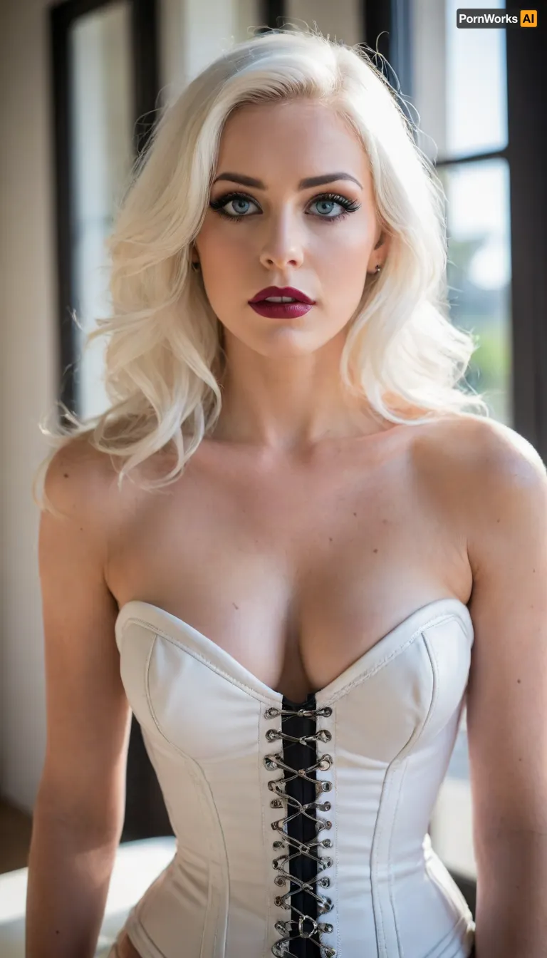ziprealism, (focus on chest, bdsm esthetic, avant-garde fashion esthetic:1.6), (smug, expressive eyes, breathtaking eyes, mesmerizing eye contact, perfect eyes), (white leather corset, strict corset, cleavage, huge bust:1.4), (silky hair, brilliant white hair, stark white hair, long hair, cascading hair:1.2), (vivid lipstick, heavy eyeshadow, dark eyeshadow, bold eyeliner), (sharp chin, chiseled cheekbones, triangular face, full lips), (medium full shot, profile shot, low angle shot, natural lighting, tight focal length, rule of thirds framing:1.2), (crystal blue eyes, catchlights, detailed eyes, limbal ring), posing in front of sunny window, streaming sunlight, godrays, natural skin texture, soft bokeh, <lora:add-detail-xl:.8>