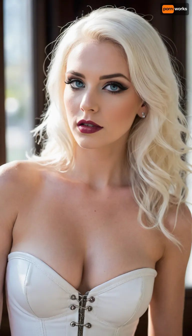 ziprealism, (focus on chest, bdsm esthetic, avant-garde fashion esthetic:1.6), (smug, expressive eyes, breathtaking eyes, mesmerizing eye contact, perfect eyes), (white leather corset, strict corset, cleavage, huge bust:1.4), (silky hair, brilliant white hair, stark white hair, long hair, cascading hair:1.2), (vivid lipstick, heavy eyeshadow, dark eyeshadow, bold eyeliner), (sharp chin, chiseled cheekbones, triangular face, full lips), (medium full shot, profile shot, low angle shot, natural lighting, tight focal length, rule of thirds framing:1.2), (crystal blue eyes, catchlights, detailed eyes, limbal ring), posing in front of sunny window, streaming sunlight, godrays, natural skin texture, soft bokeh, <lora:add-detail-xl:.8>