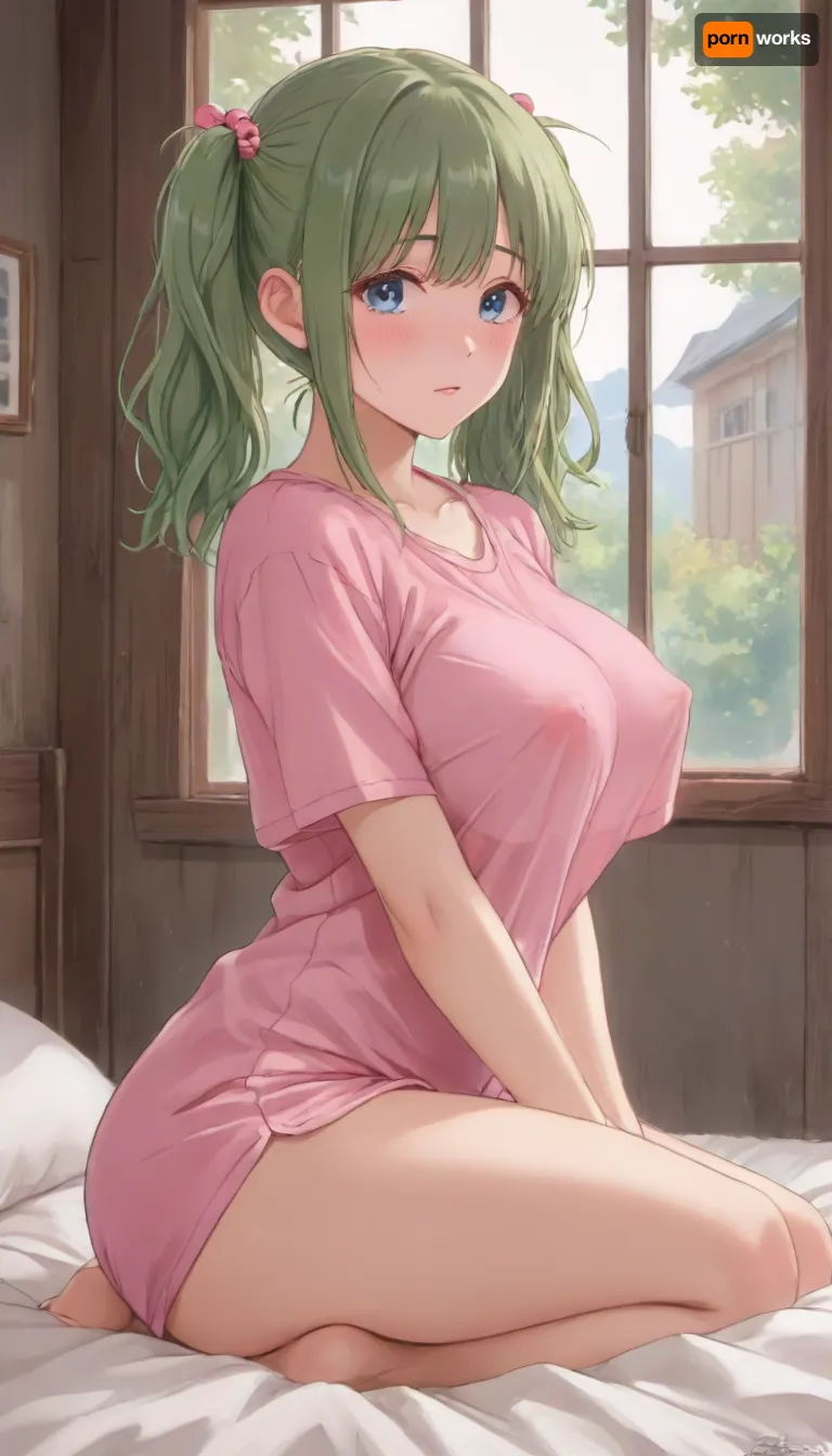cute Japanese girl 18 years old, green hair in two pigtails, double parting, straight bangs, blue eyes, small pretty face, light blush on her cheeks, wearing a pink nightshirt, big milky breasts and protruding nipples, wide pink home shorts, big beautiful ass, sitting on her knees on the bed. Night outside the window. Japanese style. Hanabi. Japanese room. Warm light, <lora:outline_xl_kohaku_delta_spv5x:1.3>, <lora:NEOTOKIOXL_0.2_RC:.7>, <lora:Ppolar-P3v1-NbVp10:.7>, <lora:one breast out XL:2>, <lora:cartoon_stickers_xl_v1:.5>