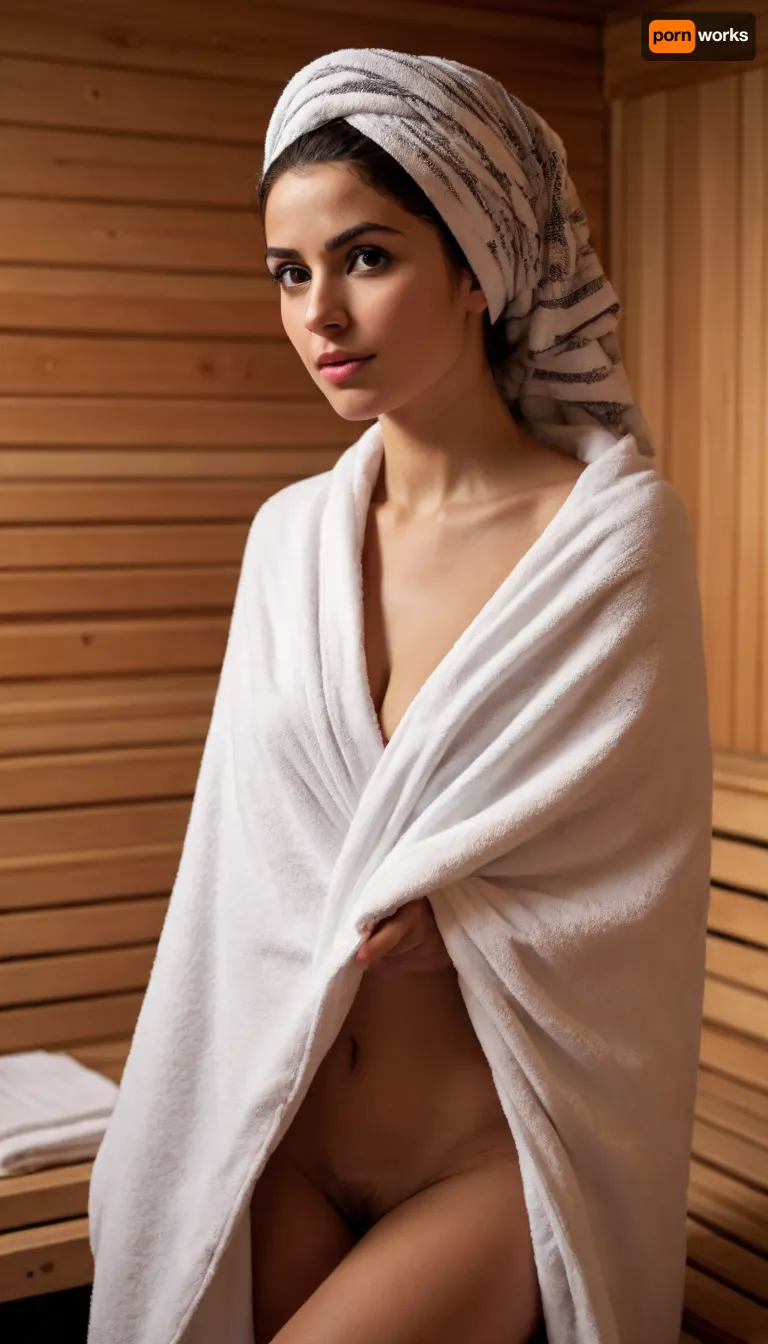stunningly beautiful Palestinian woman covered by a towel in a sauna, (comic book cartoon style)