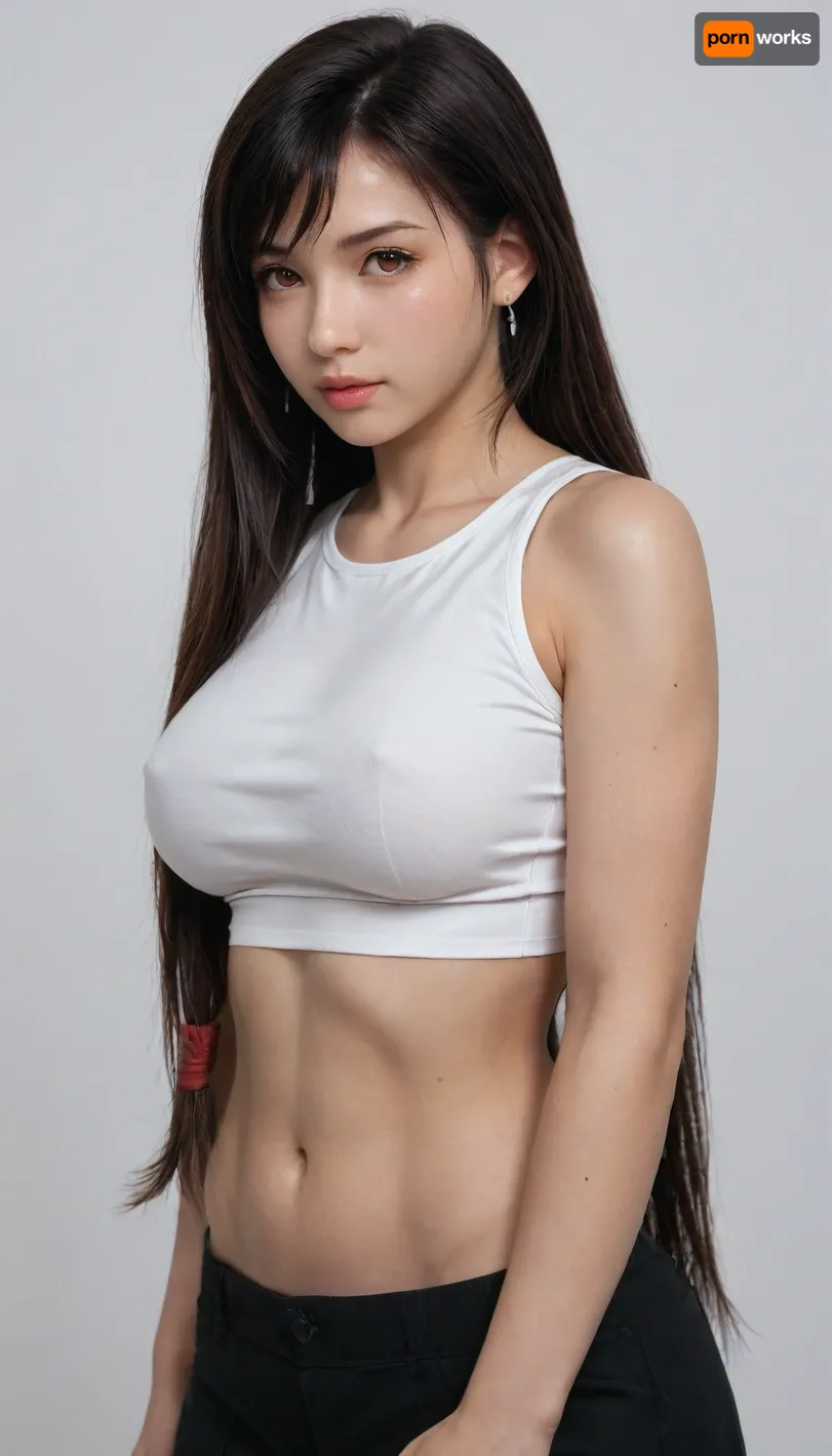 rich color palette, Asian girl, ((Tifa Lockhart)), strong build, (white crop top), (big breasts:1), (red eyes), (long hair:1.8), (white background:1.8)